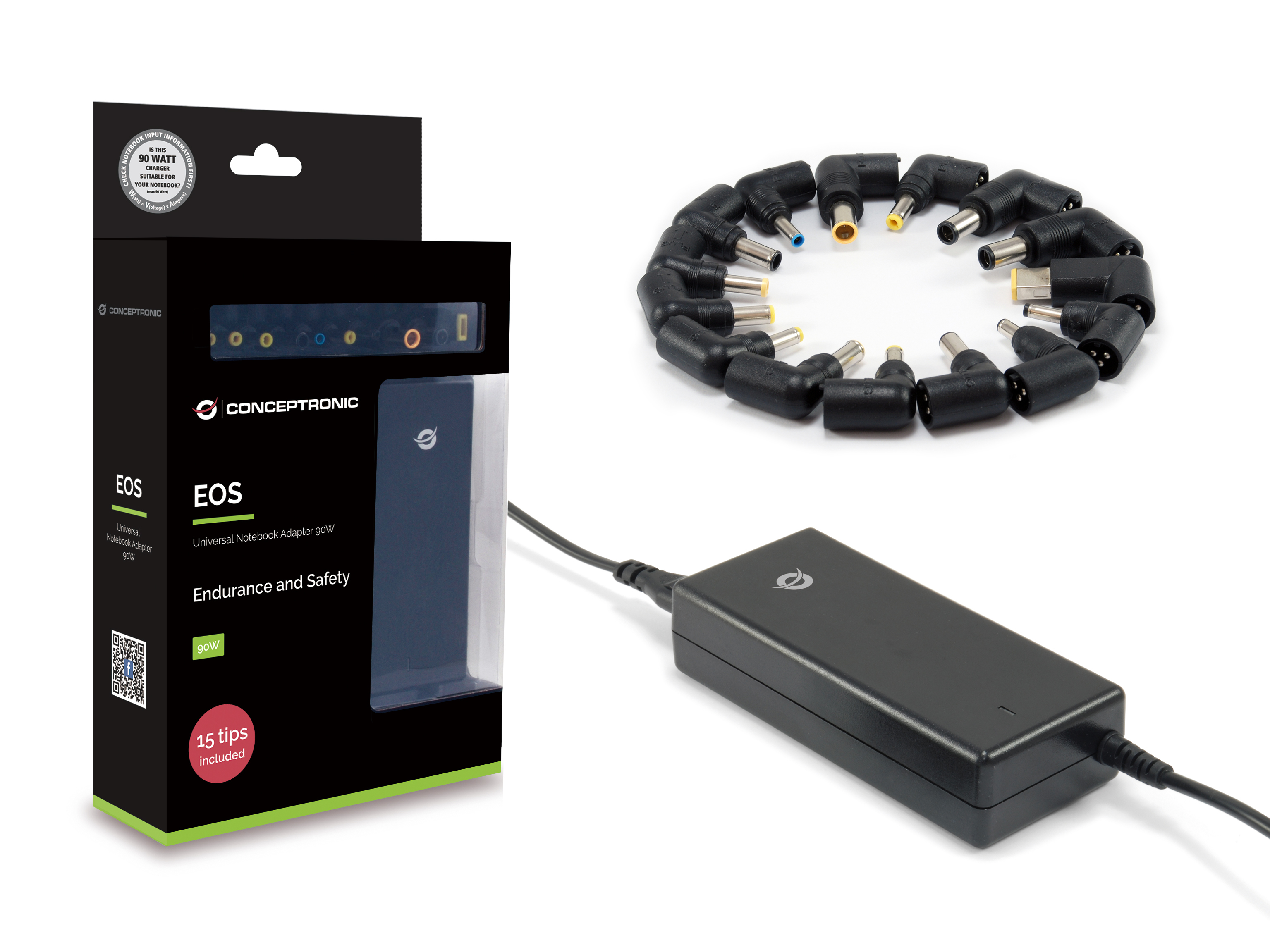 Una caja negra y verde con un adaptador para portátil y varias puntas de alimentación, y un adaptador negro.
