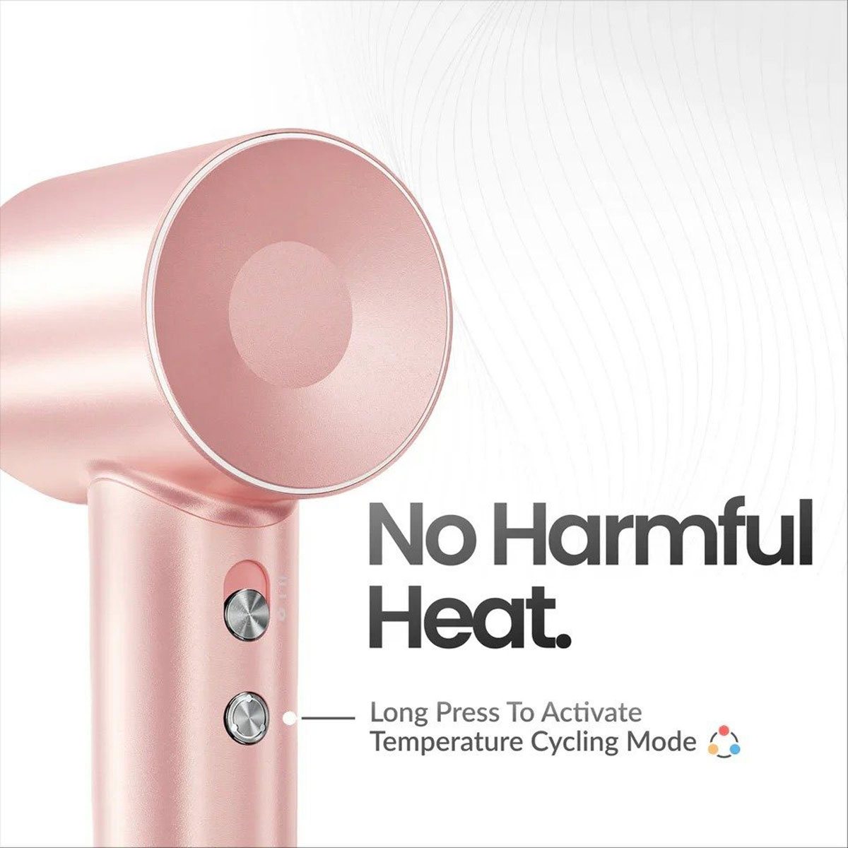 Asciugacapelli rosa con la scritta "No Harmful Heat" e due pulsanti, su sfondo bianco.