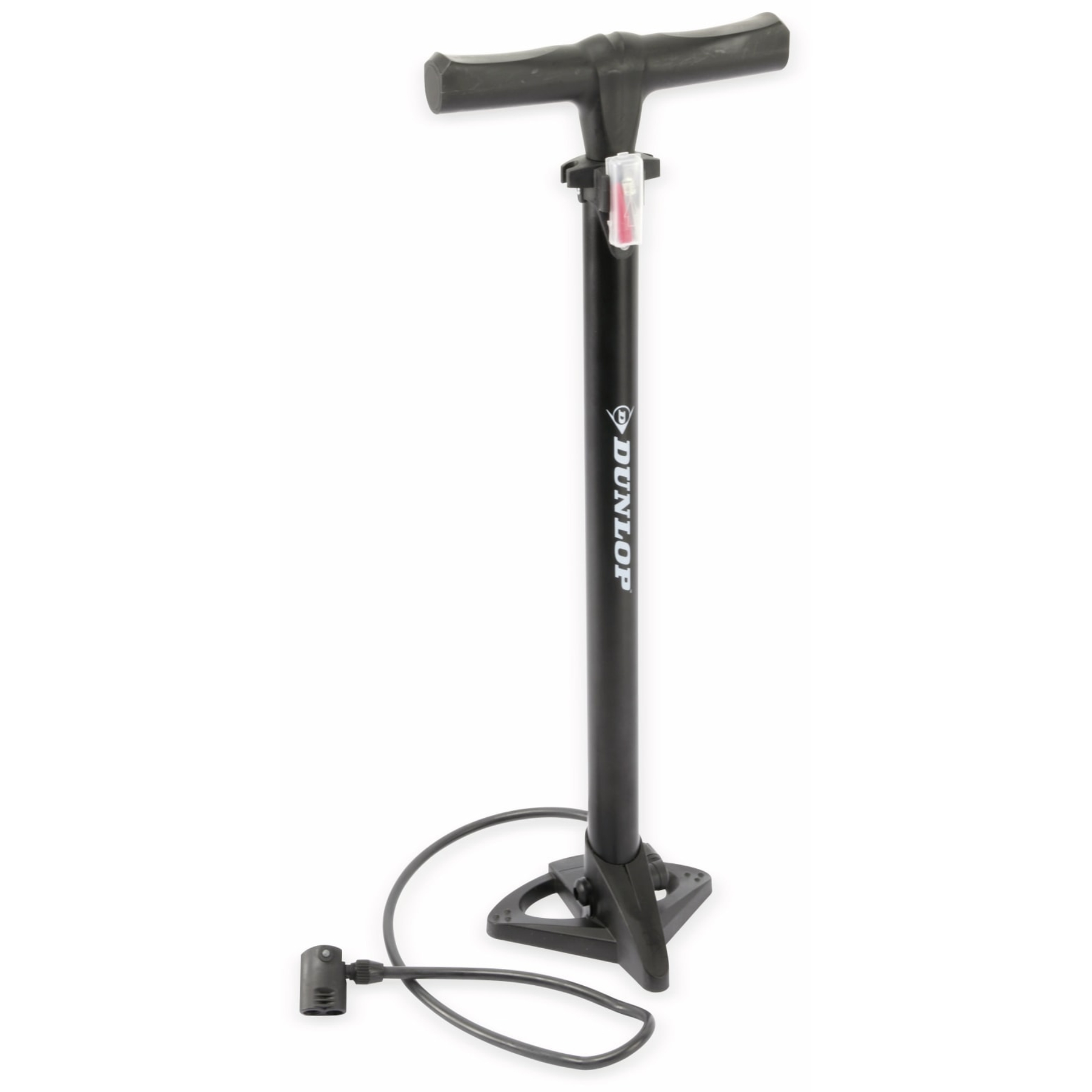 Schwarze Fahrradpumpe mit Griff, schwarzem Schlauch und Fußbasis. Weißer Hintergrund.