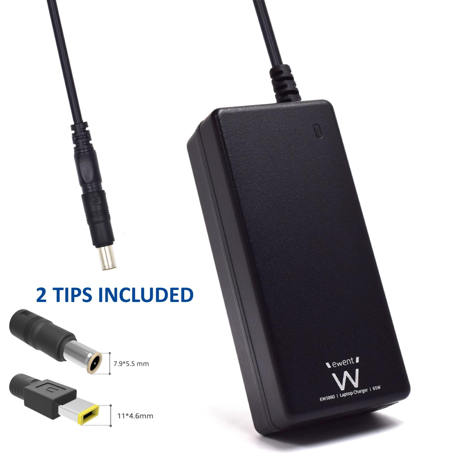 Cargador de portátil negro con dos puntas de conector. El texto dice "2 TIPS INCLUDED". Fondo blanco.