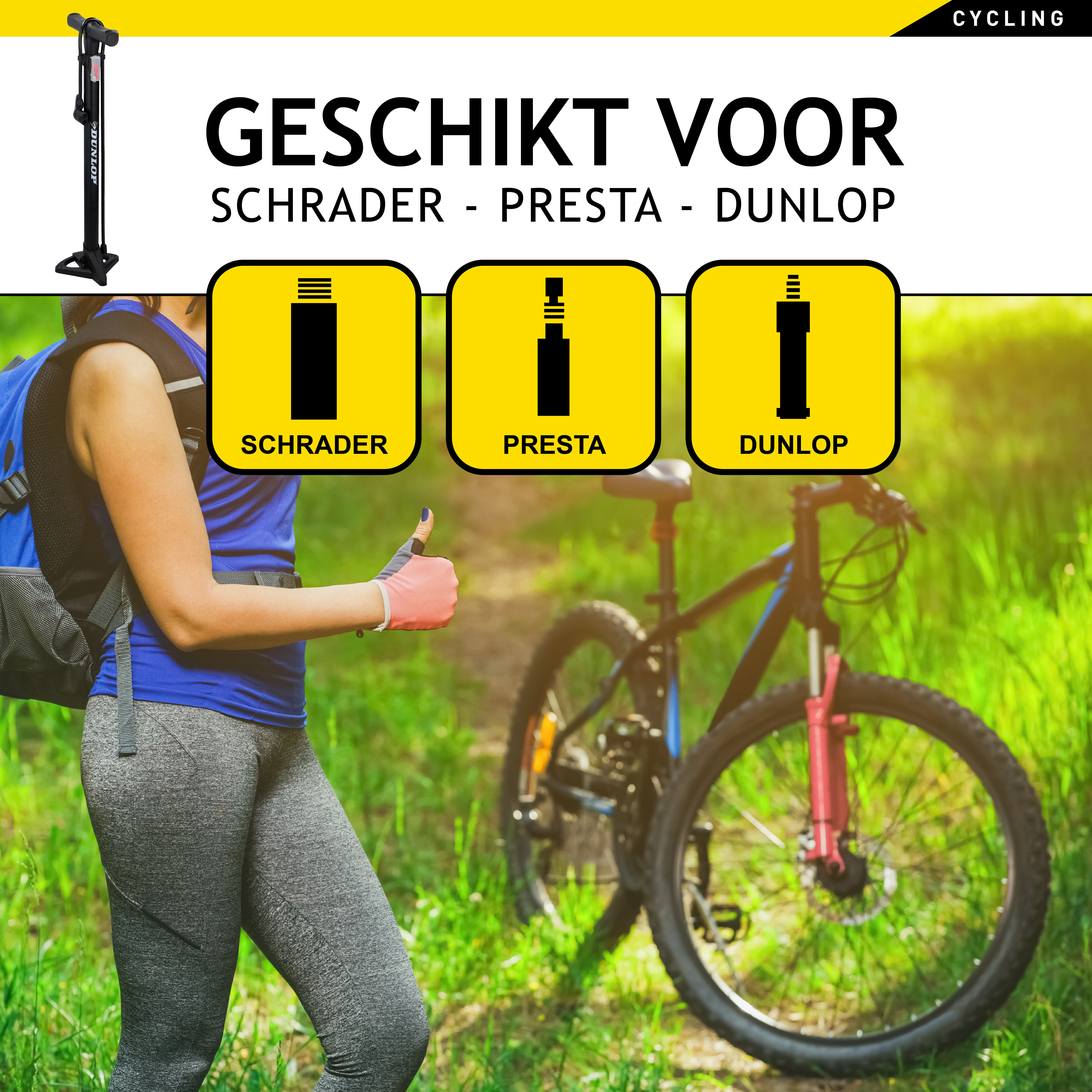 Frau mit Rucksack fährt Fahrrad auf Gras. Gelber und grüner Hintergrund.