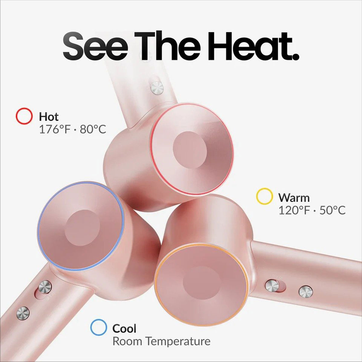 Tre asciugacapelli rosa con indicatori di temperatura: caldo, tiepido e freddo. Sfondo bianco.