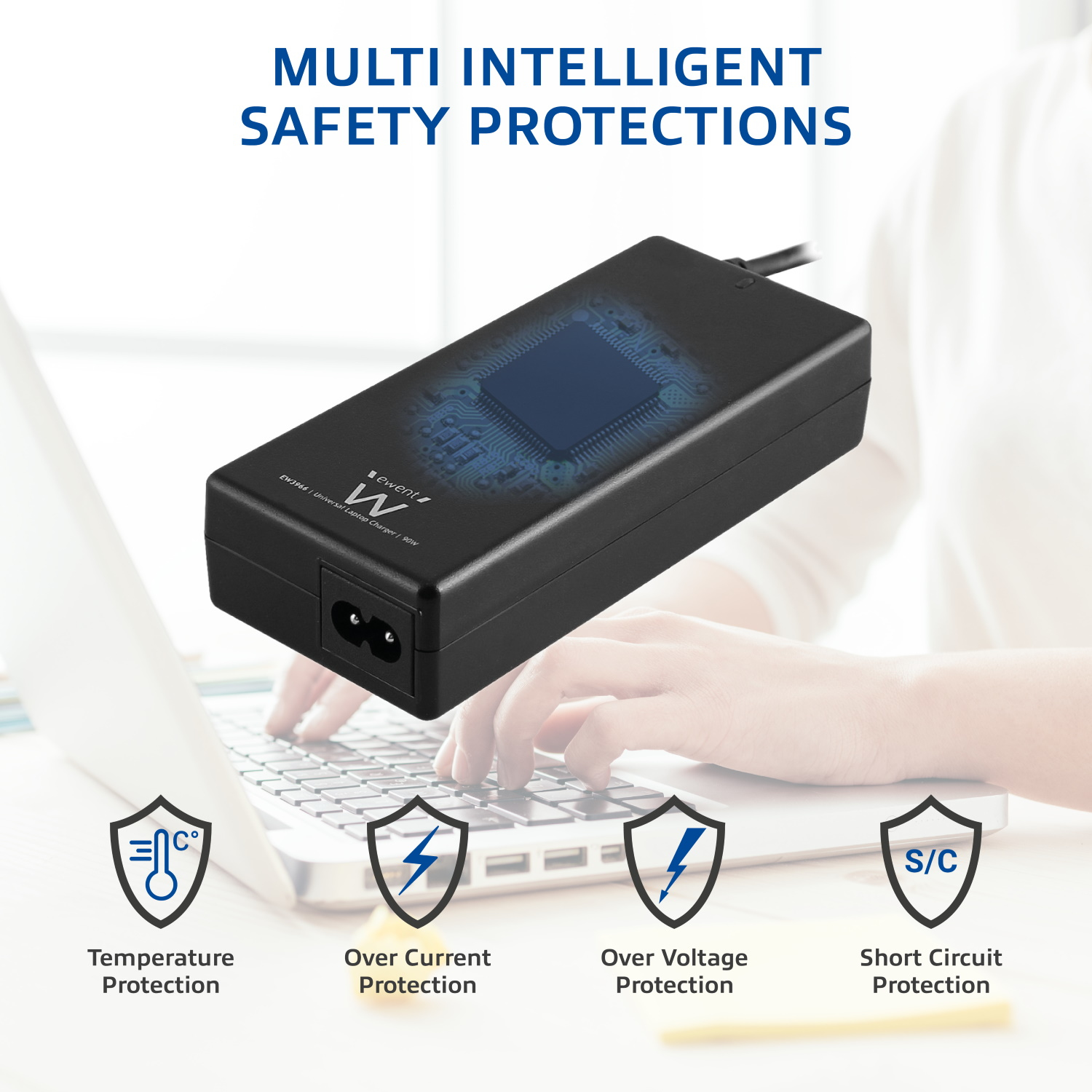 Cargador de portátil negro con texto "Multi intelligent safety protections". Fondo blanco.