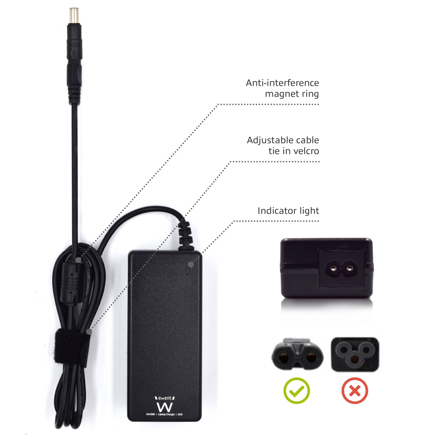 Cargador de portátil negro con cable largo negro, etiquetas y flechas a sus características.