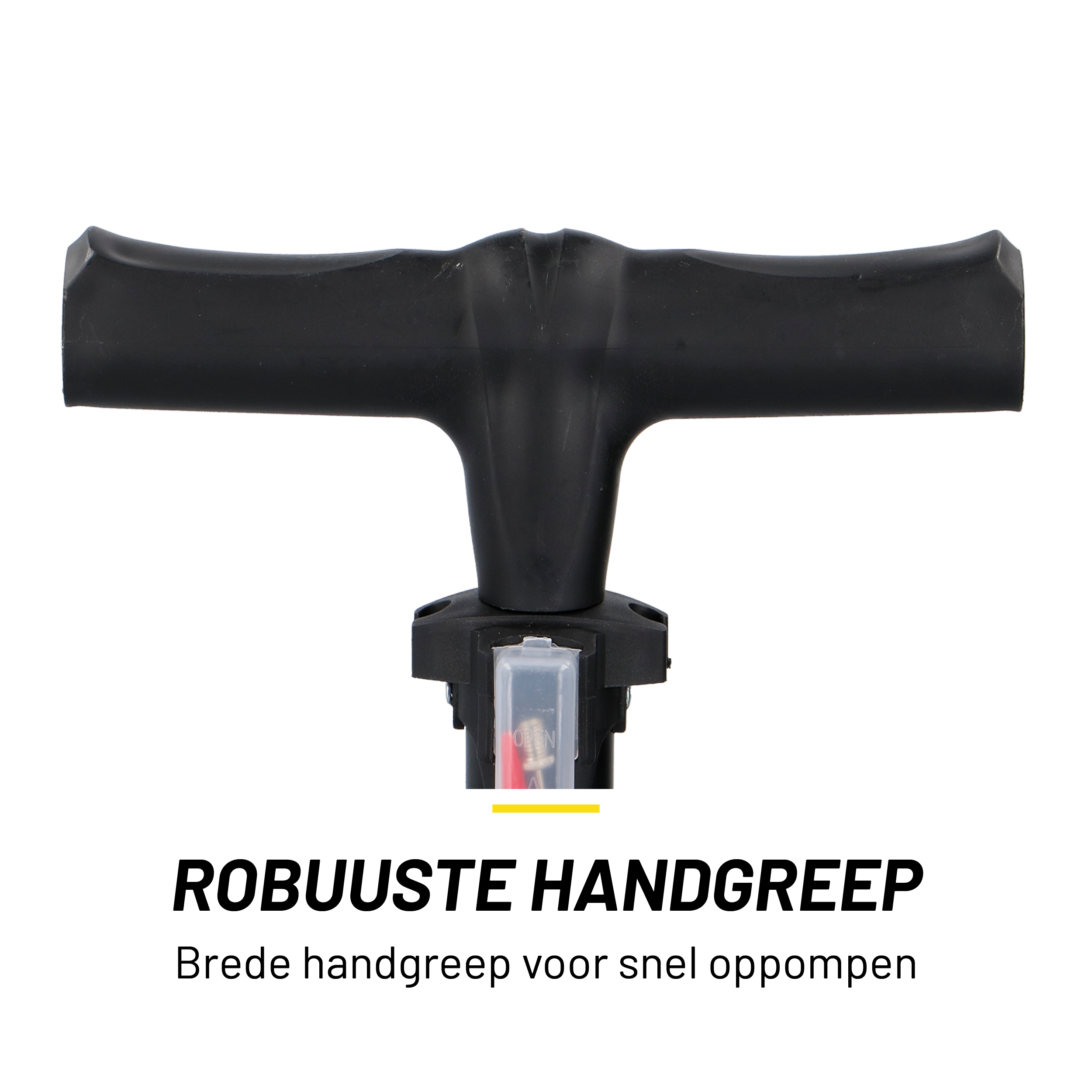 Schwarzer Fahrradpumpengriff mit Text: ROBUUSTE HANDGREEP. Gelber Hintergrund.