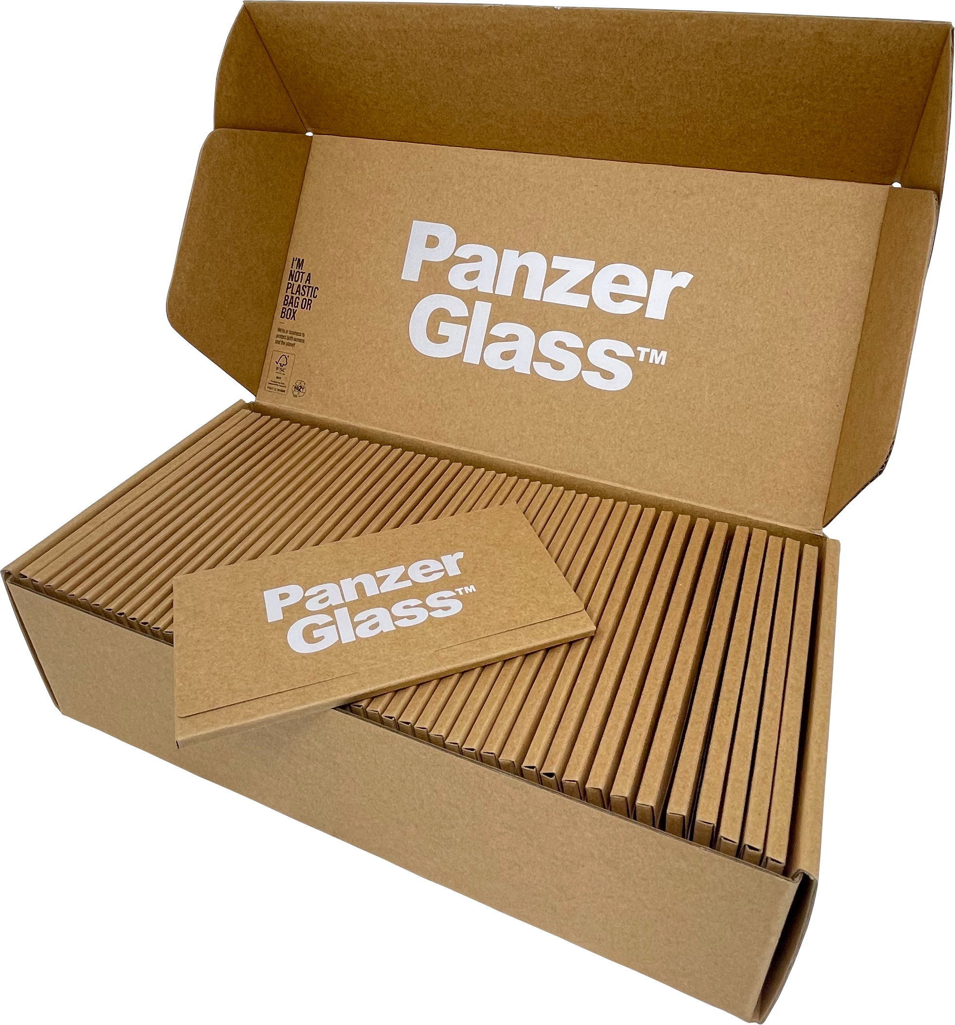 Scatola di cartone piena di scatole di proteggi schermo PanzerGlass. Logo bianco.