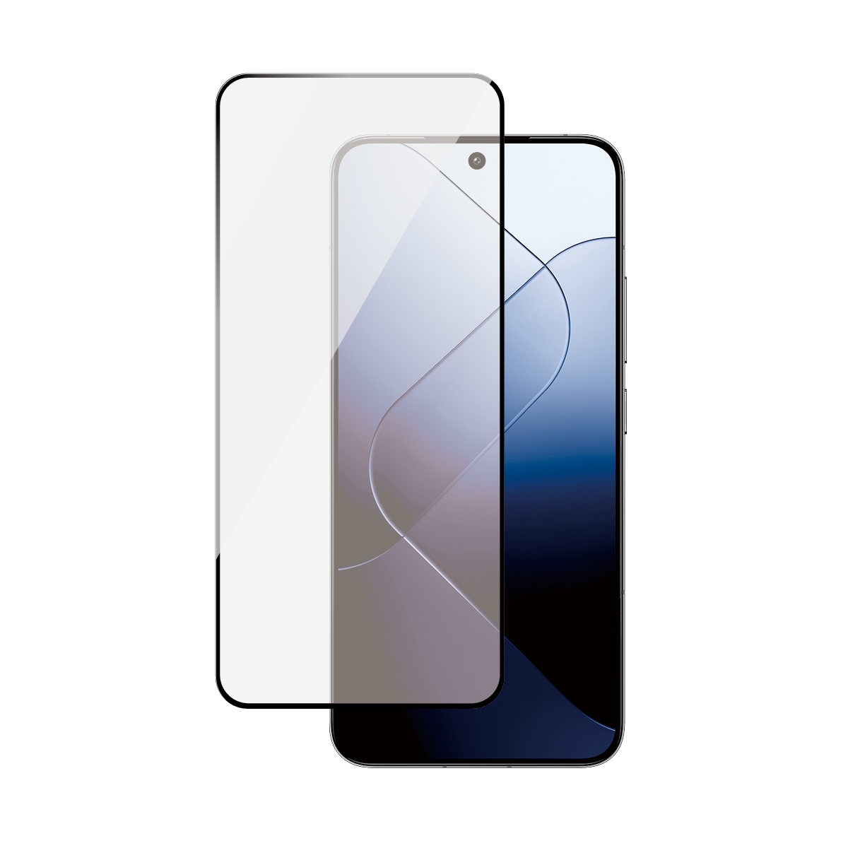 Due protezioni per lo schermo. Una è sopra un telefono. Il telefono è blu scuro. Le protezioni sono trasparenti.