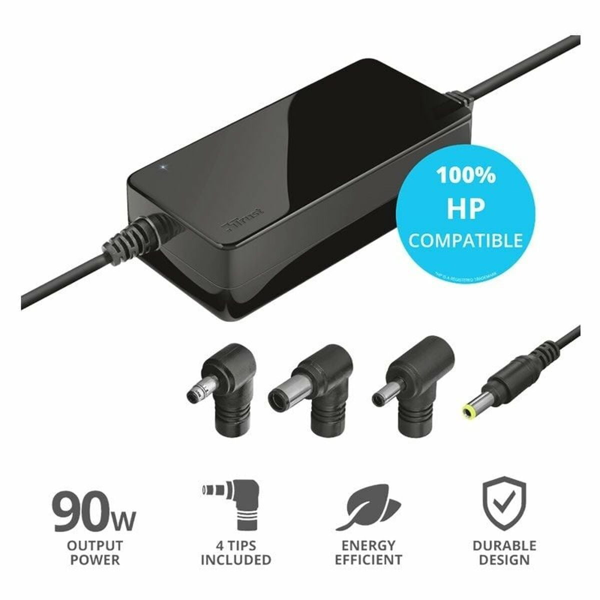 Cargador de portátil con múltiples cabezales, negro y 90W de salida.