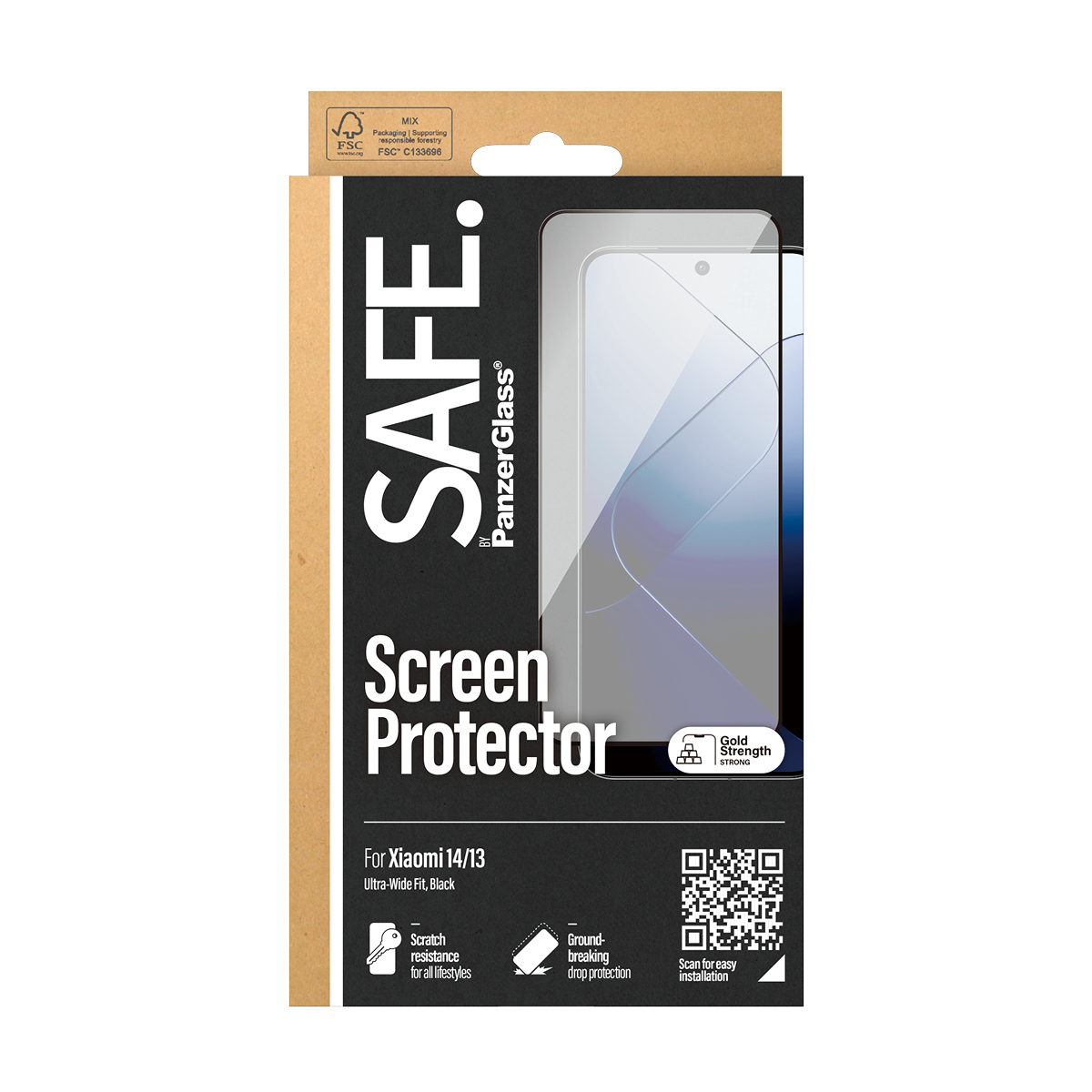 Scatola con protezione schermo. Uno smartphone è mostrato dietro la protezione.