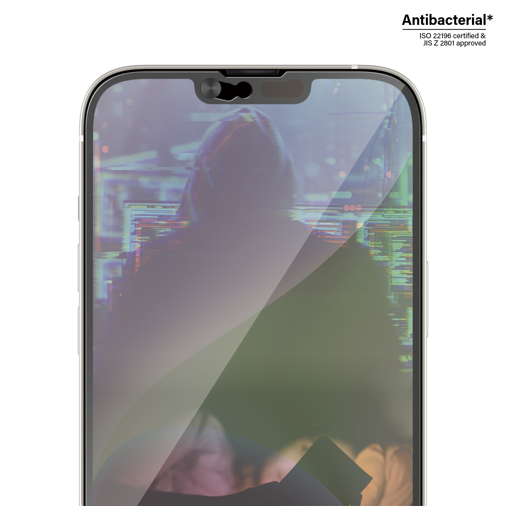 Un telefono con protezione schermo. Lo schermo mostra una figura incappucciata sfocata, suggerendo privacy.