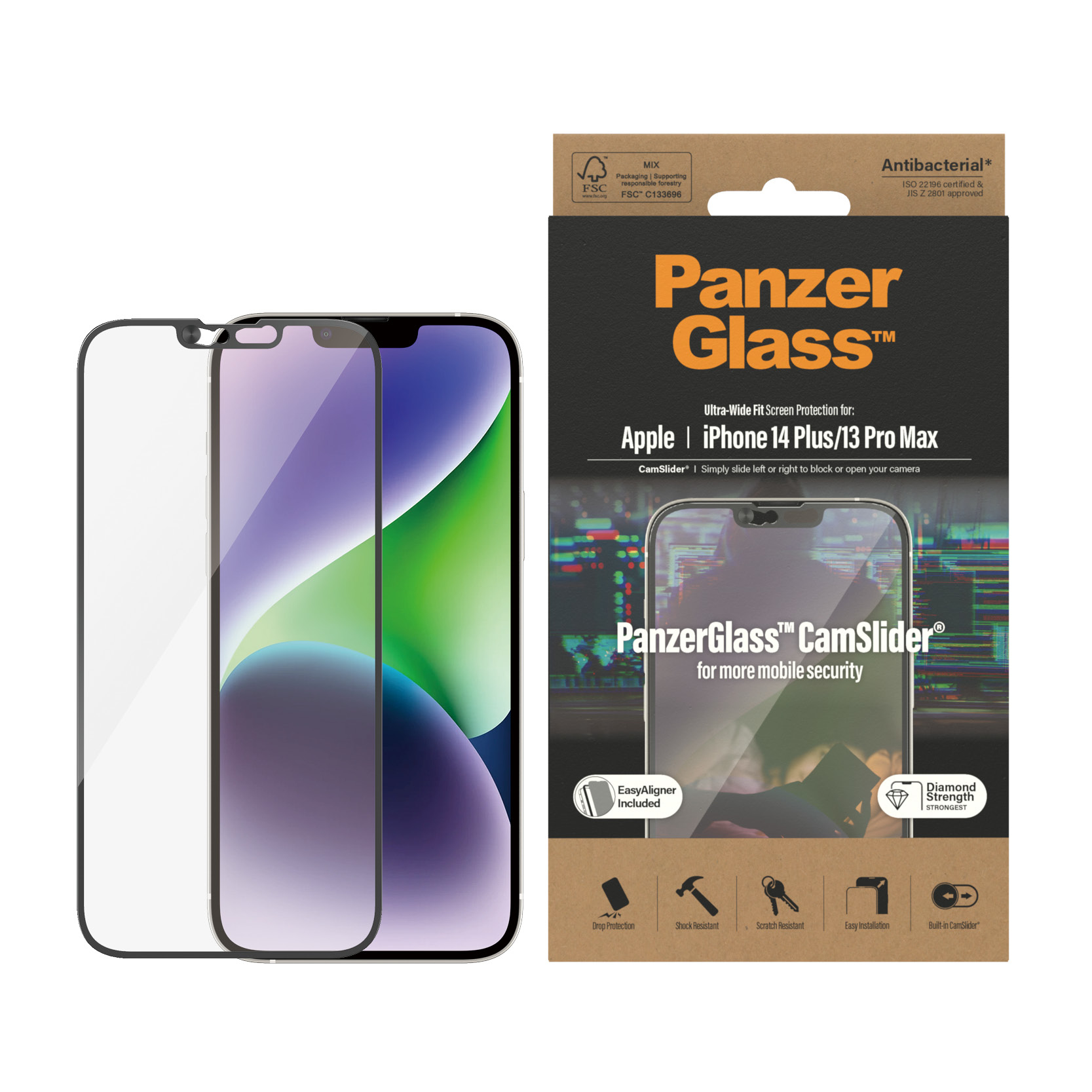Una scatola PanzerGlass e una protezione schermo per un iPhone. La scatola ha testo e un'immagine del telefono.