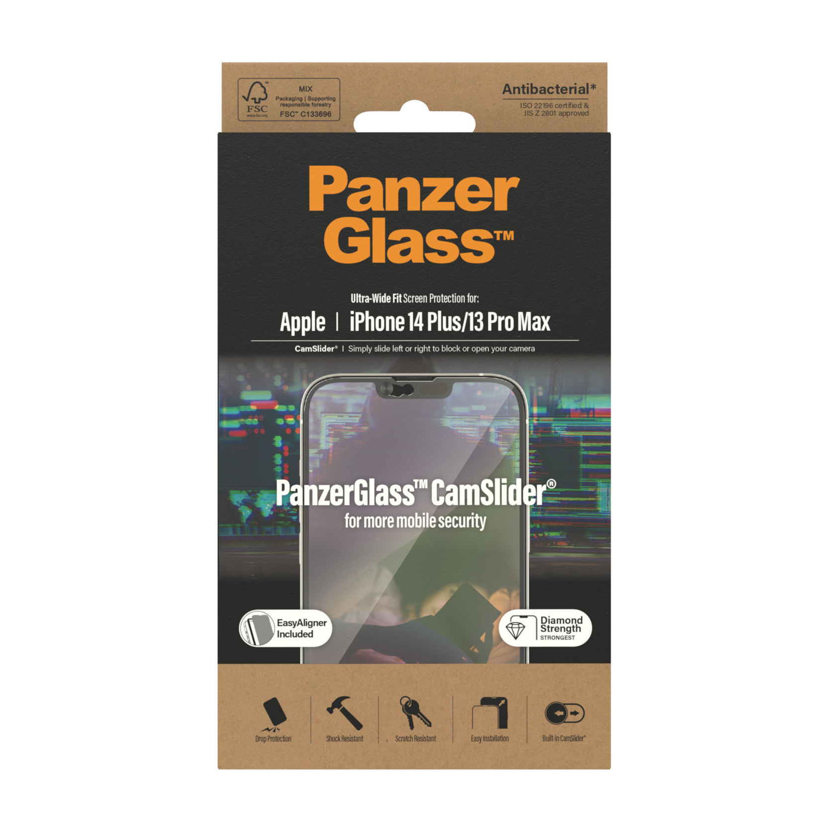Una scatola PanzerGlass con una protezione schermo per iPhone. La confezione ha testo e un'immagine di un telefono.