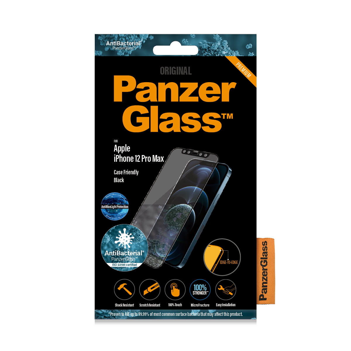 Un telefono con protezione schermo e una scatola. Marchio PanzerGlass per Apple iPhone 12 Pro Max.