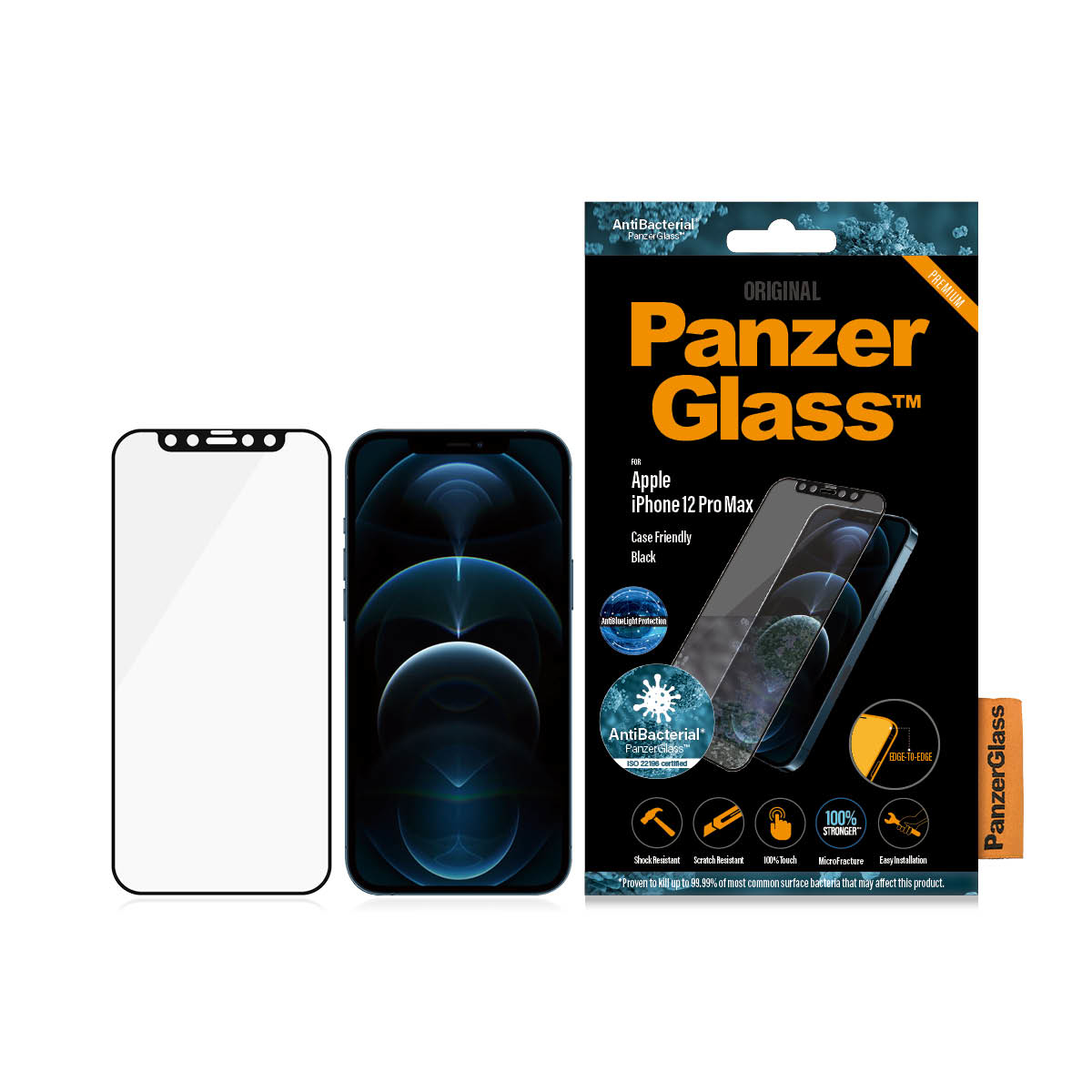 Un telefono con protezione schermo, un telefono e una scatola. Marchio PanzerGlass, per Apple iPhone 12 Pro Max.