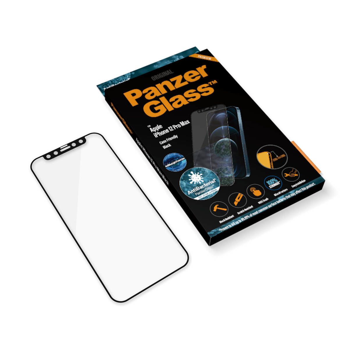 Confezione con telefono e protezione schermo. La confezione dice PanzerGlass per Apple iPhone 12 Pro Max. Antibatterico.
