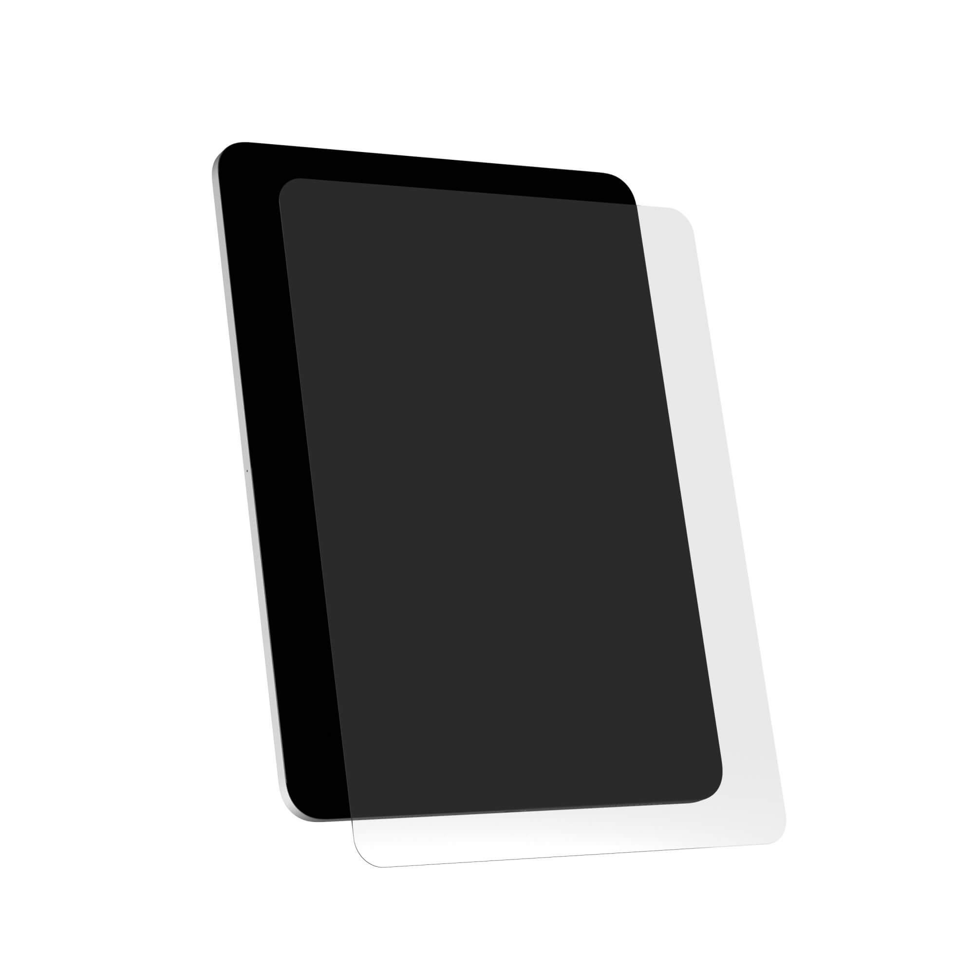 Tablet con protezione schermo, mostra il display, con parte anteriore nera e lati bianchi.