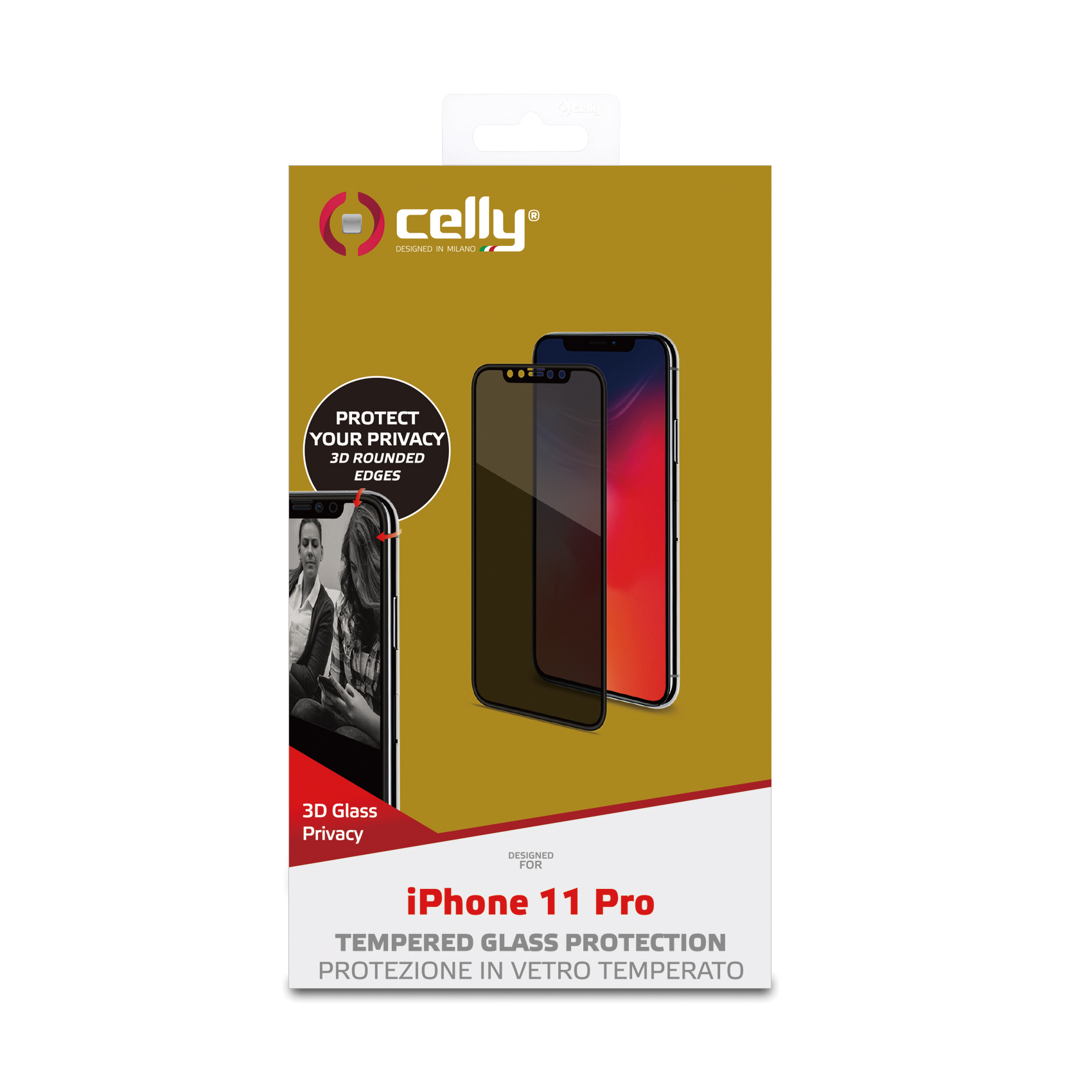 Scatola Celly con telefono e protezione schermo privacy. Sfondo bianco.