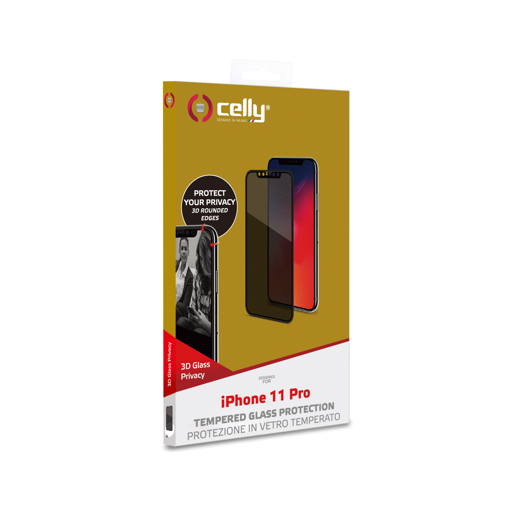 Scatola con protezione schermo per iPhone 11 Pro. La scatola mostra il telefono con la protezione.