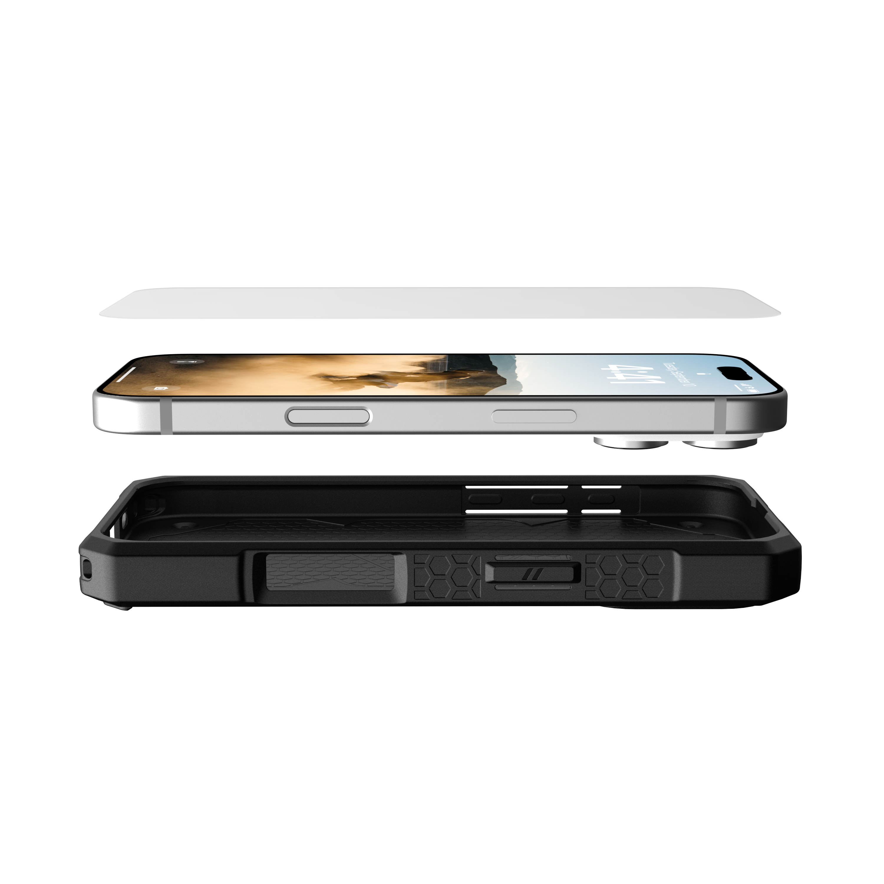Telefono con protezione schermo e custodia, custodia nera, protezione e schermo del telefono separati.