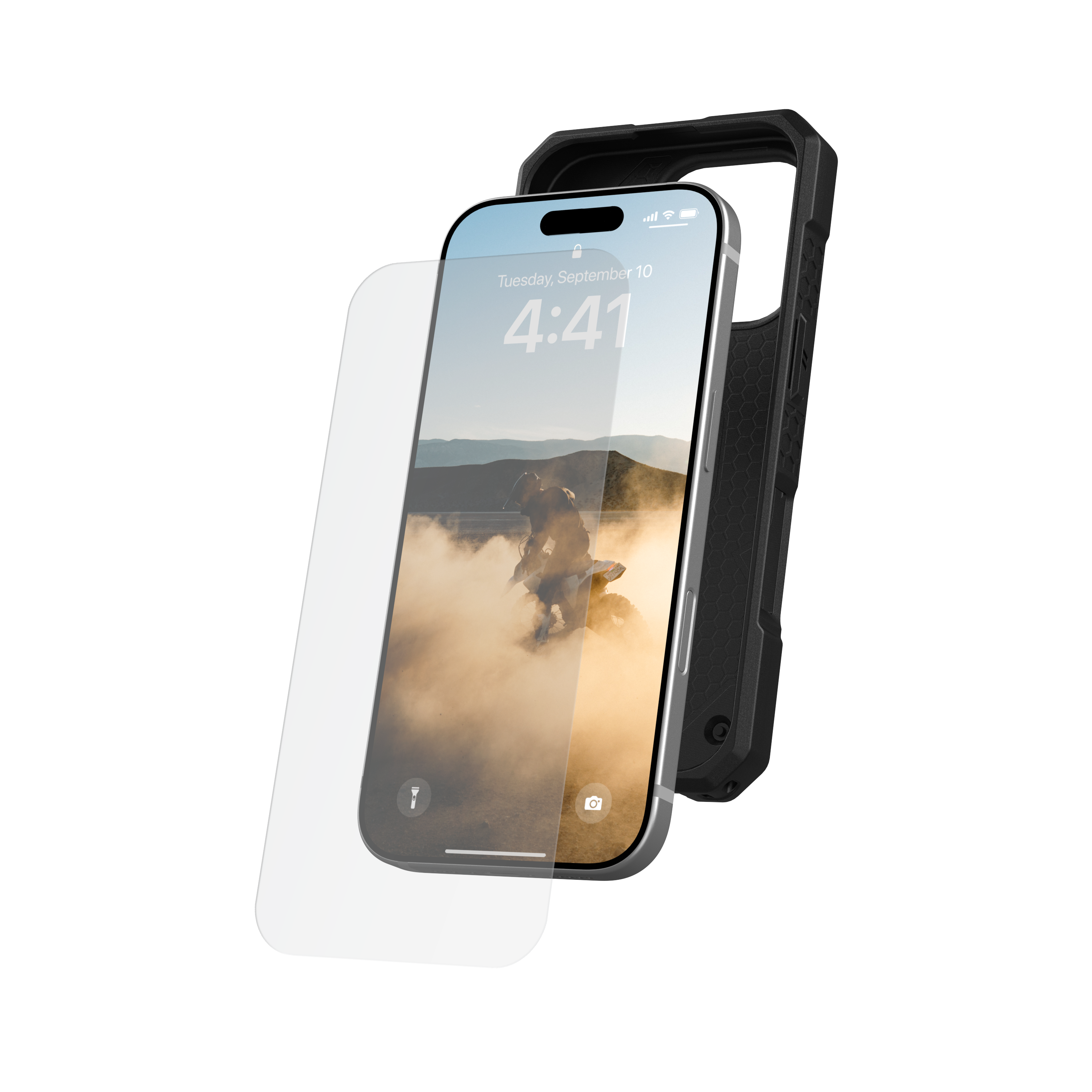 Telefono con protezione schermo e custodia, scena di moto sullo schermo, custodia nera.