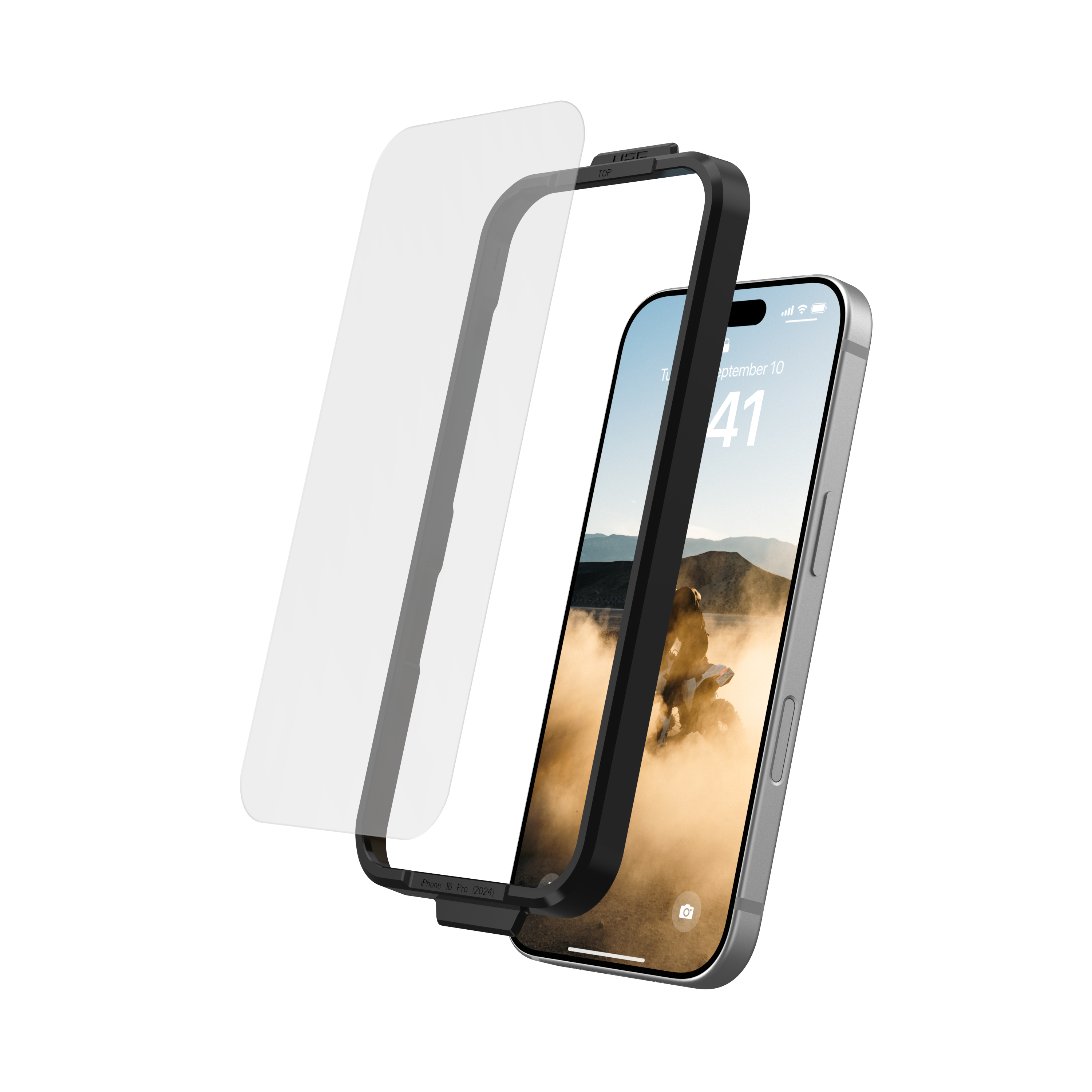 Telefono con protezione schermo e custodia, che mostra lo schermo del telefono con una scena di moto.