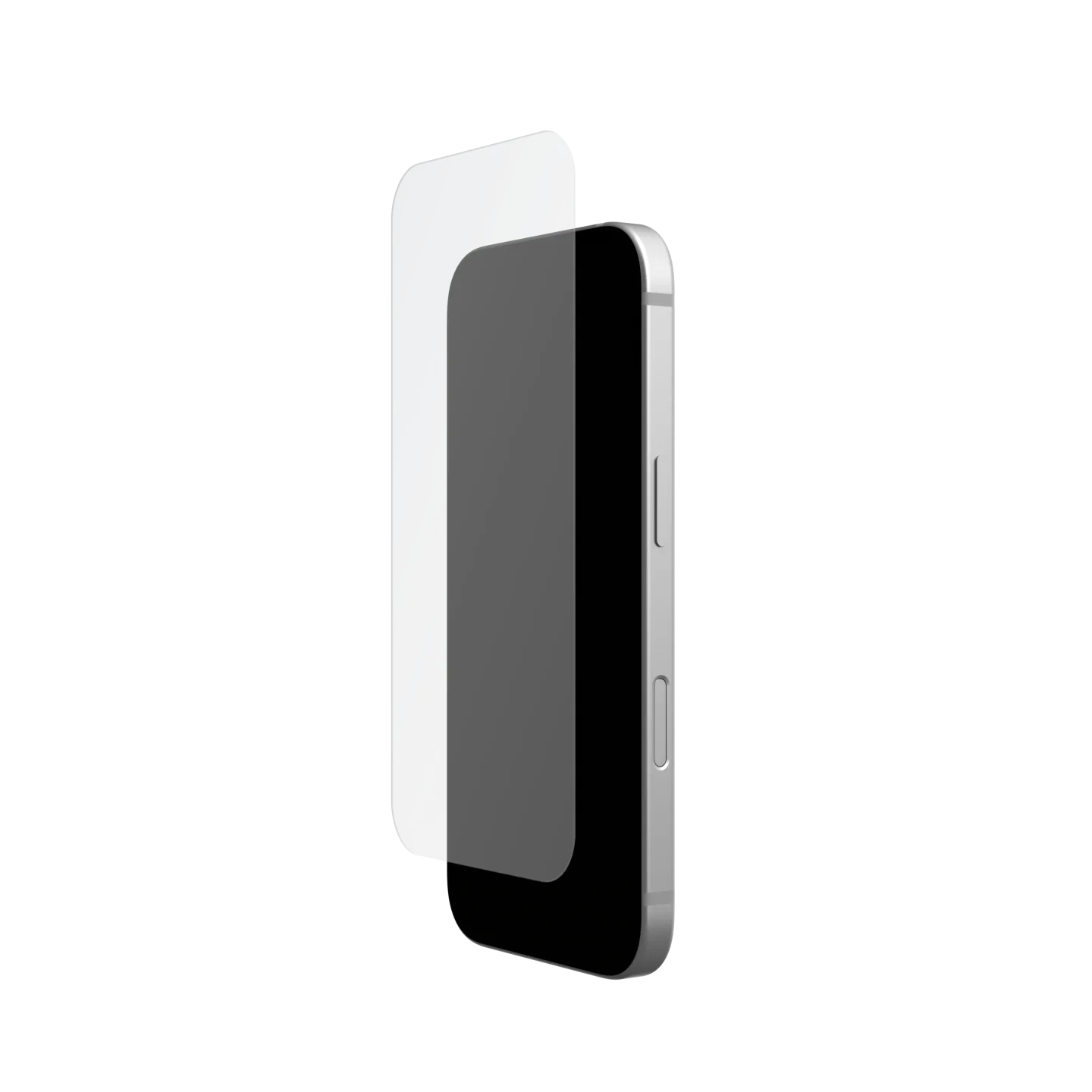 Un telefono con una protezione per lo schermo. La protezione è trasparente, il telefono è argento.