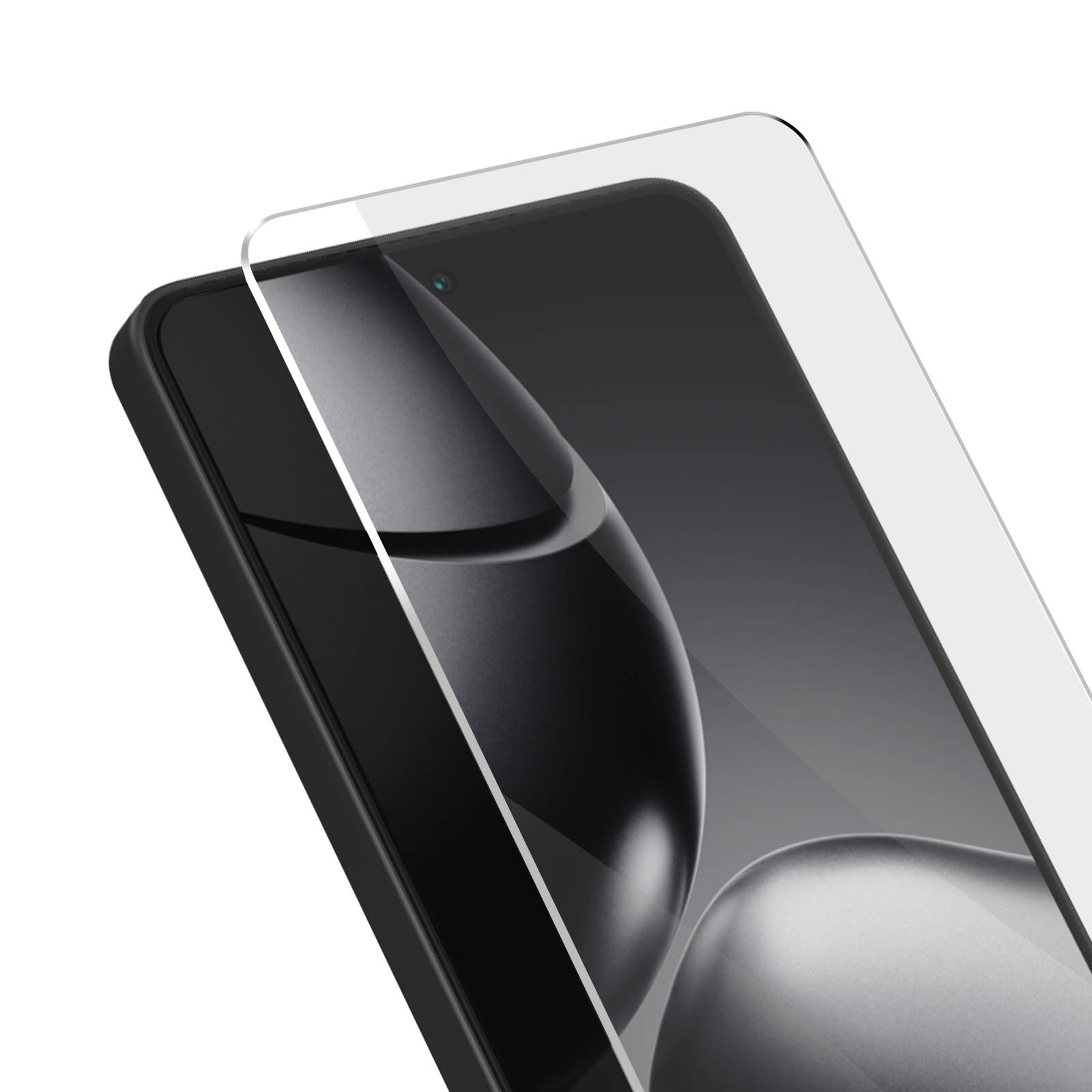 Zbliżenie telefonu z ochraniaczem ekranu. Czarna ramka, przezroczysta ochrona na górze. Białe tło.