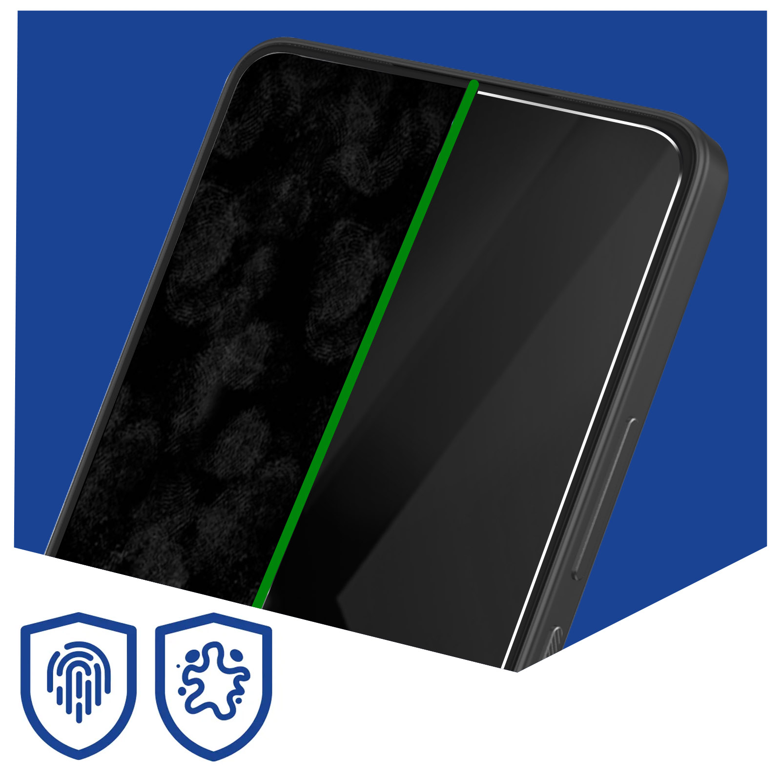 Zbliżenie ekranu telefonu z zieloną linią oddzielającą obszary chronione i niechronione. Niebieskie tło.