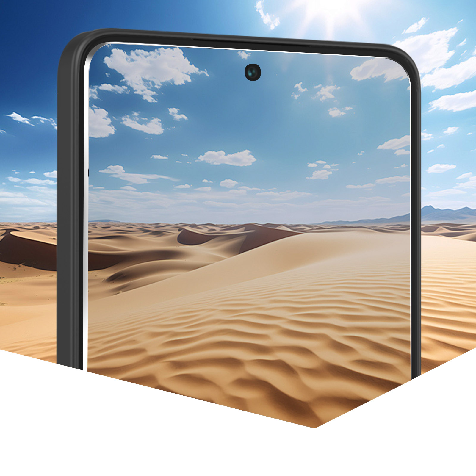 Ekran telefonu pokazujący pustynny krajobraz. Niebo jest niebieskie z chmurami. Słońce świeci.