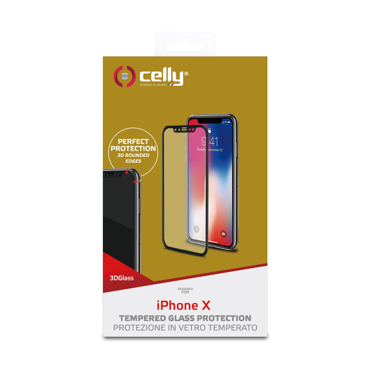 Telefono con protezione schermo e confezione. La confezione è bianca e rossa, il telefono è nero.