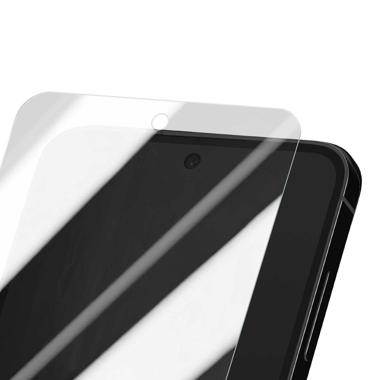 Telefon z ochraniaczem ekranu. Ekran jest czarny, ochraniacz przezroczysty, widoczna kamera.