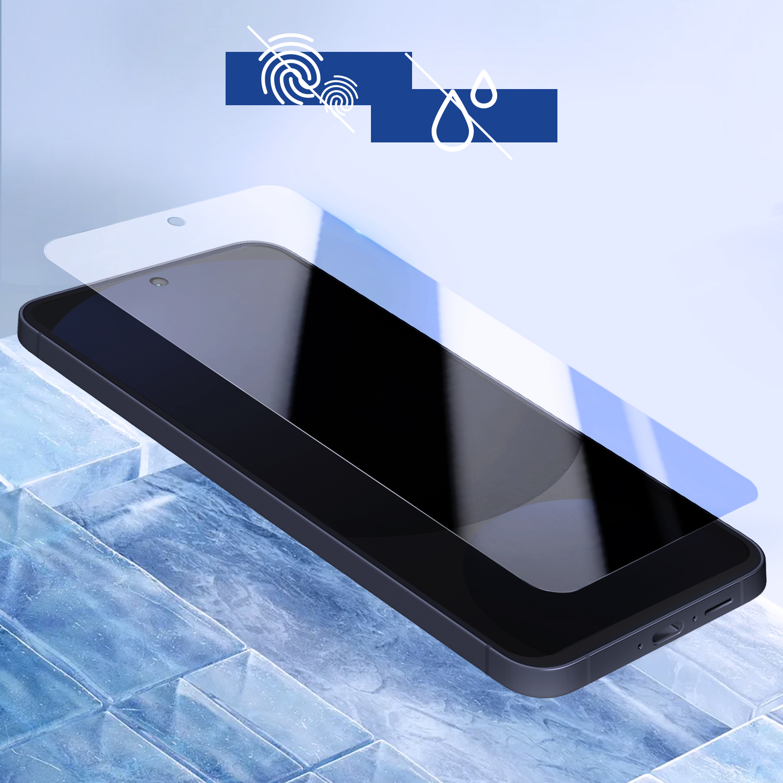 Telefon z ochraniaczem ekranu, ikony wody i odcisków palców powyżej, tło lodowe.