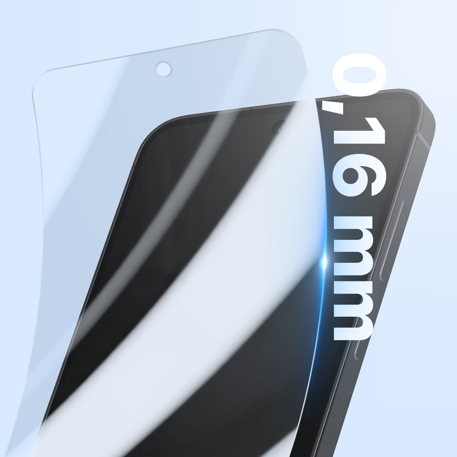 Telefon z ochraniaczem ekranu. Ochraniacz jest przezroczysty. Pokazuje grubość 0,16 mm. Białe tło.