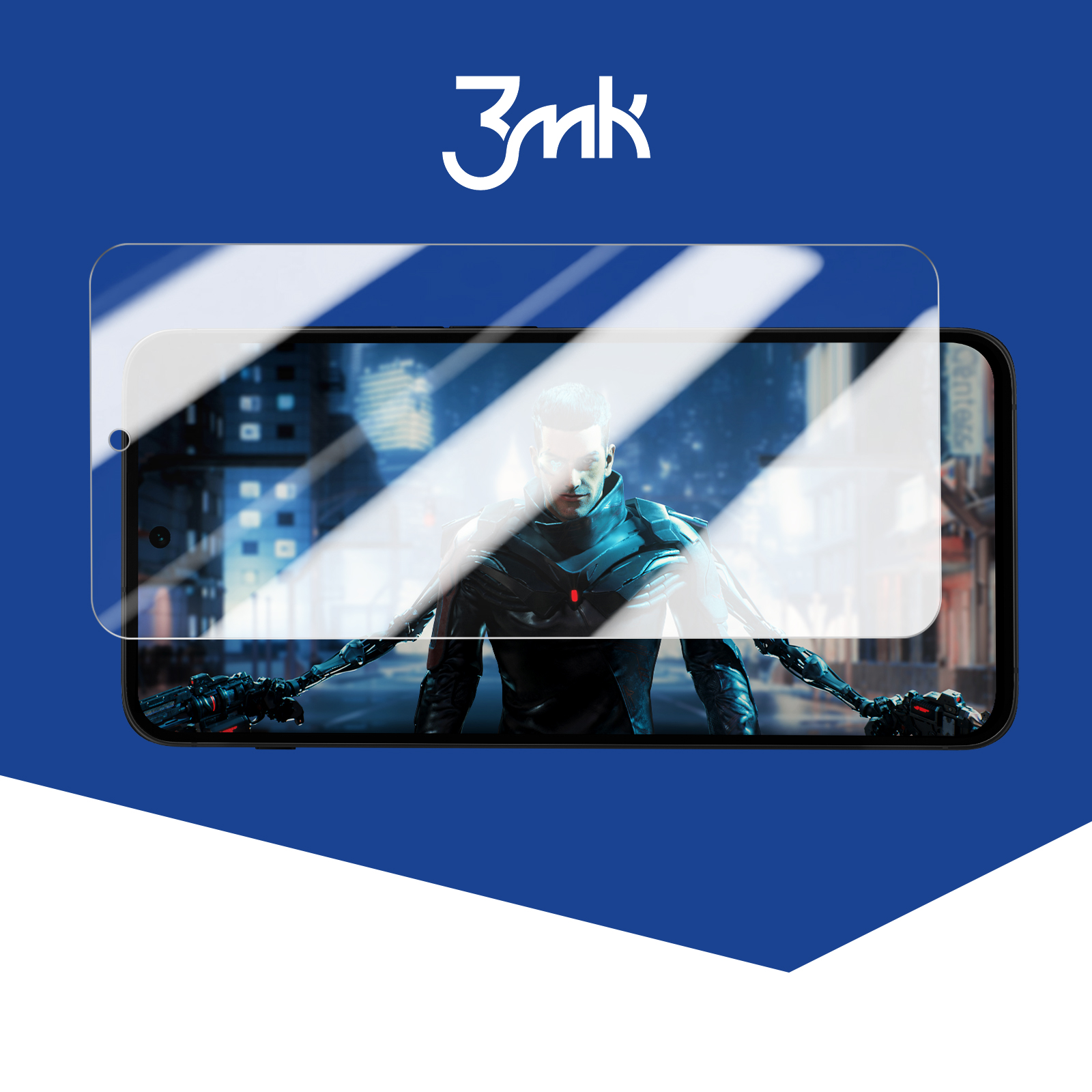 Telefon z ochraniaczem ekranu, scena nocna miasta na ekranie, logo 3mk.