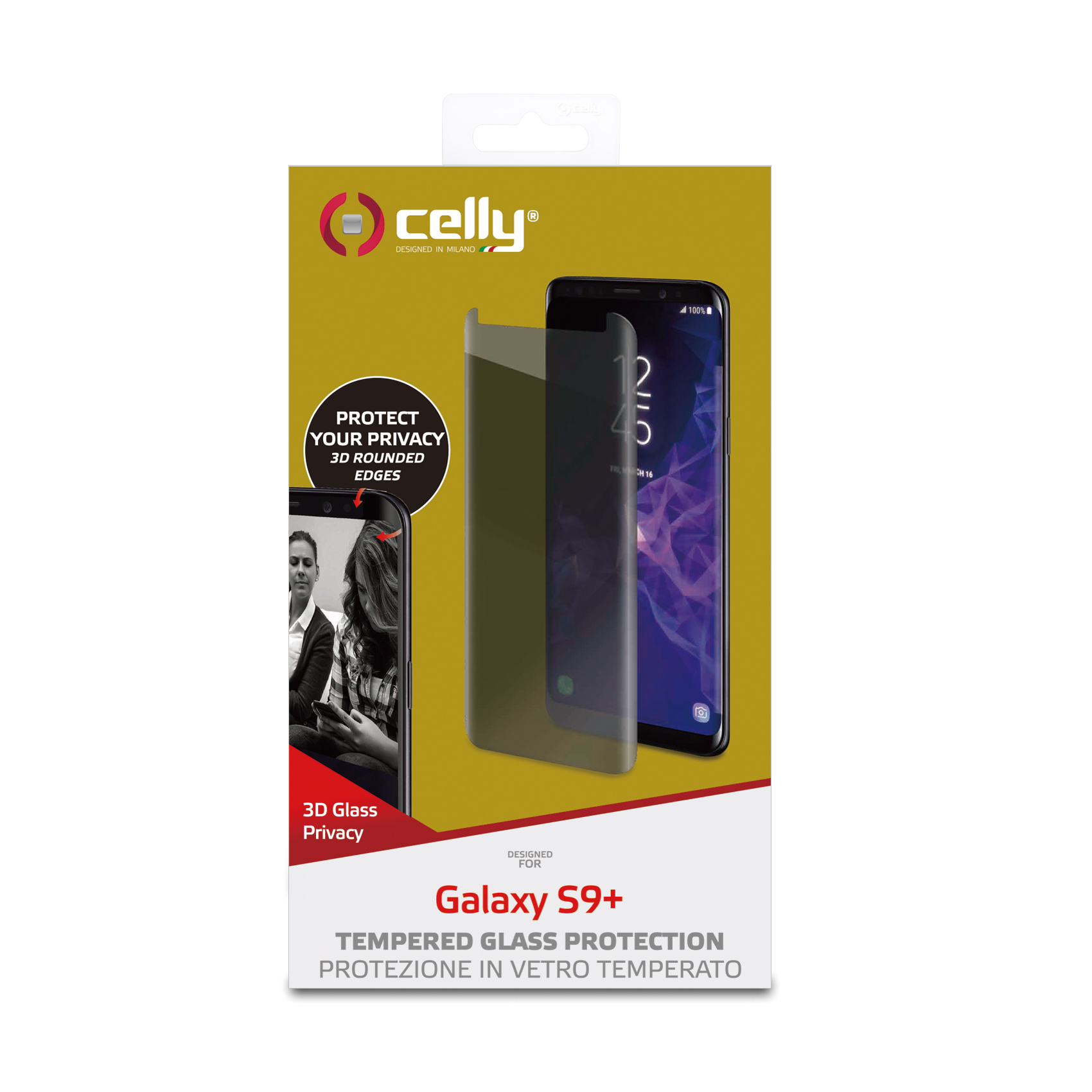 Scatola con telefono, protezione schermo applicata e immagine di persona sul telefono.