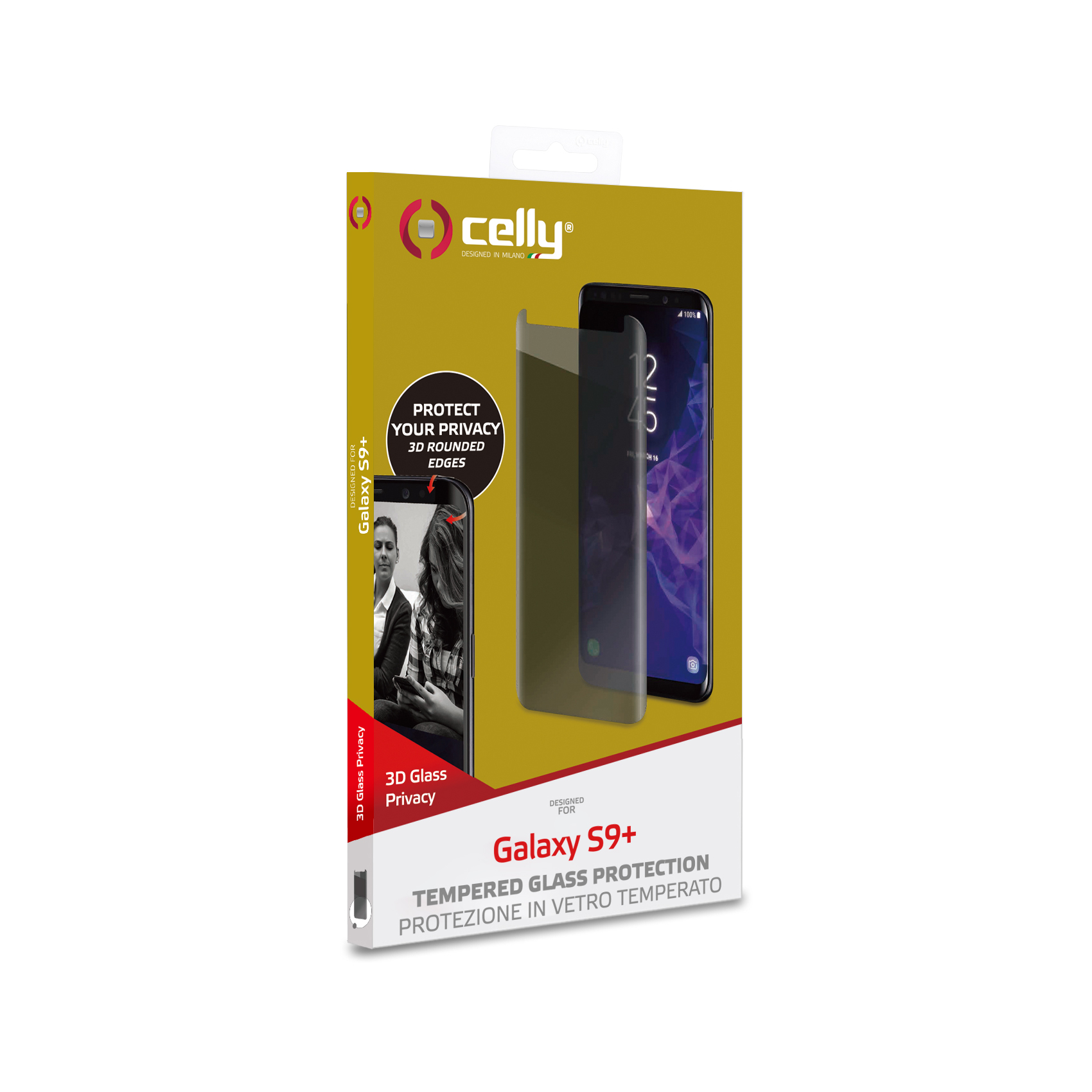 Scatola con telefono, protezione schermo applicata e immagine di persona sul telefono.