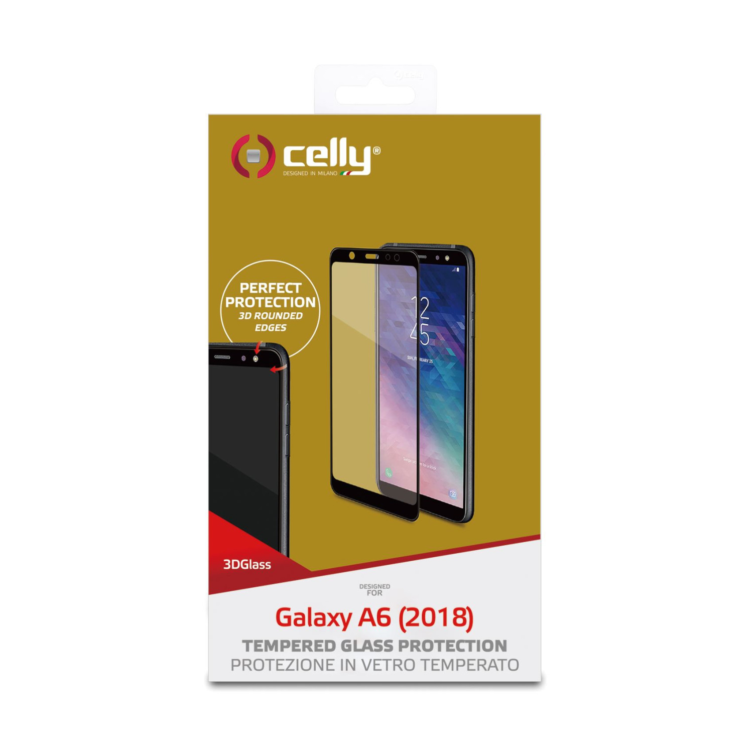 Scatola con telefono e protezione schermo. Testo sulla scatola. Sfondo bianco.