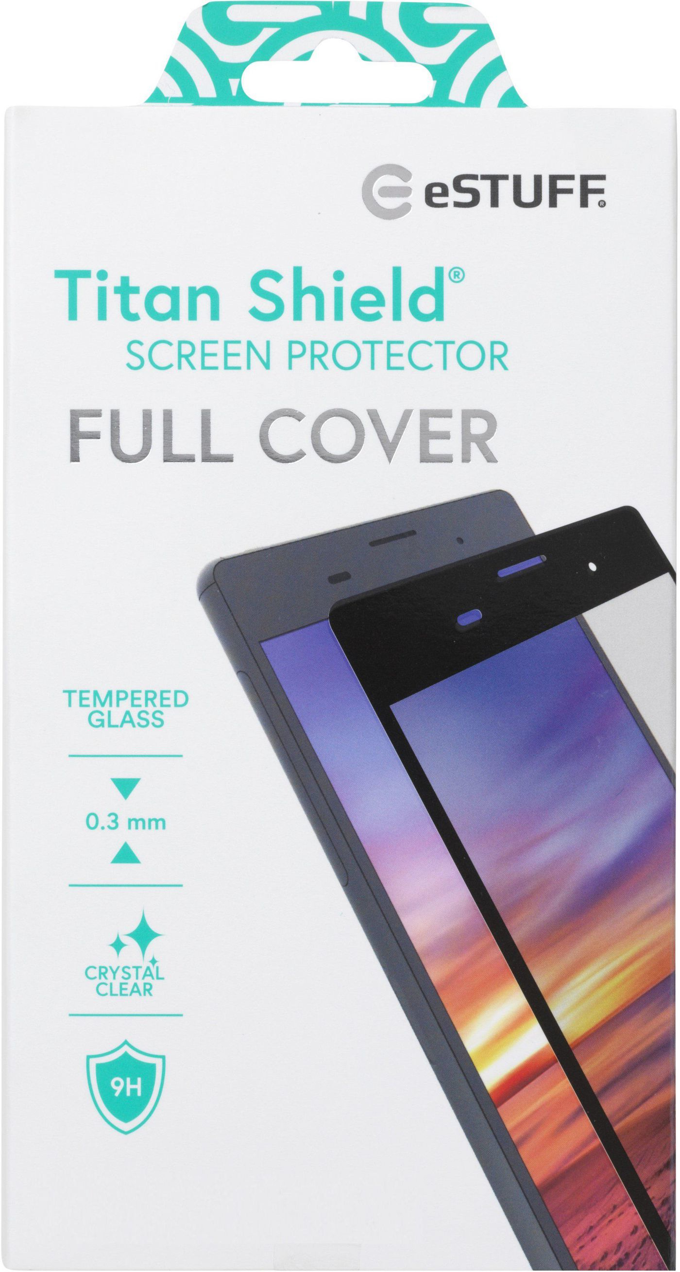 Scatola con telefono e protezione schermo. Sfondo bianco. Testo: Titan Shield.