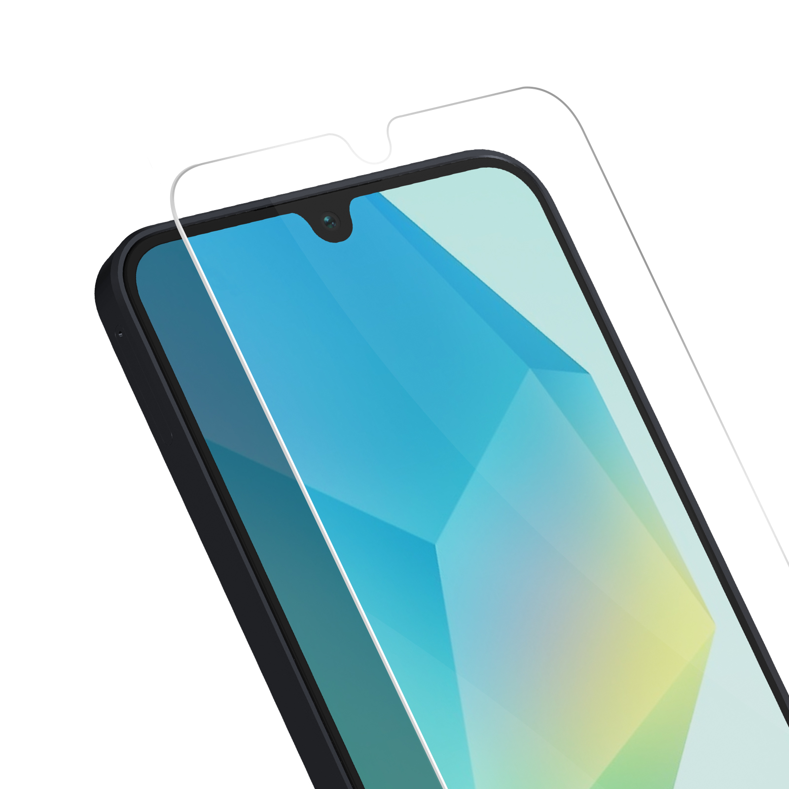 Telefon z ochraniaczem ekranu. Ekran wyświetla niebieskie i żółte kształty geometryczne.