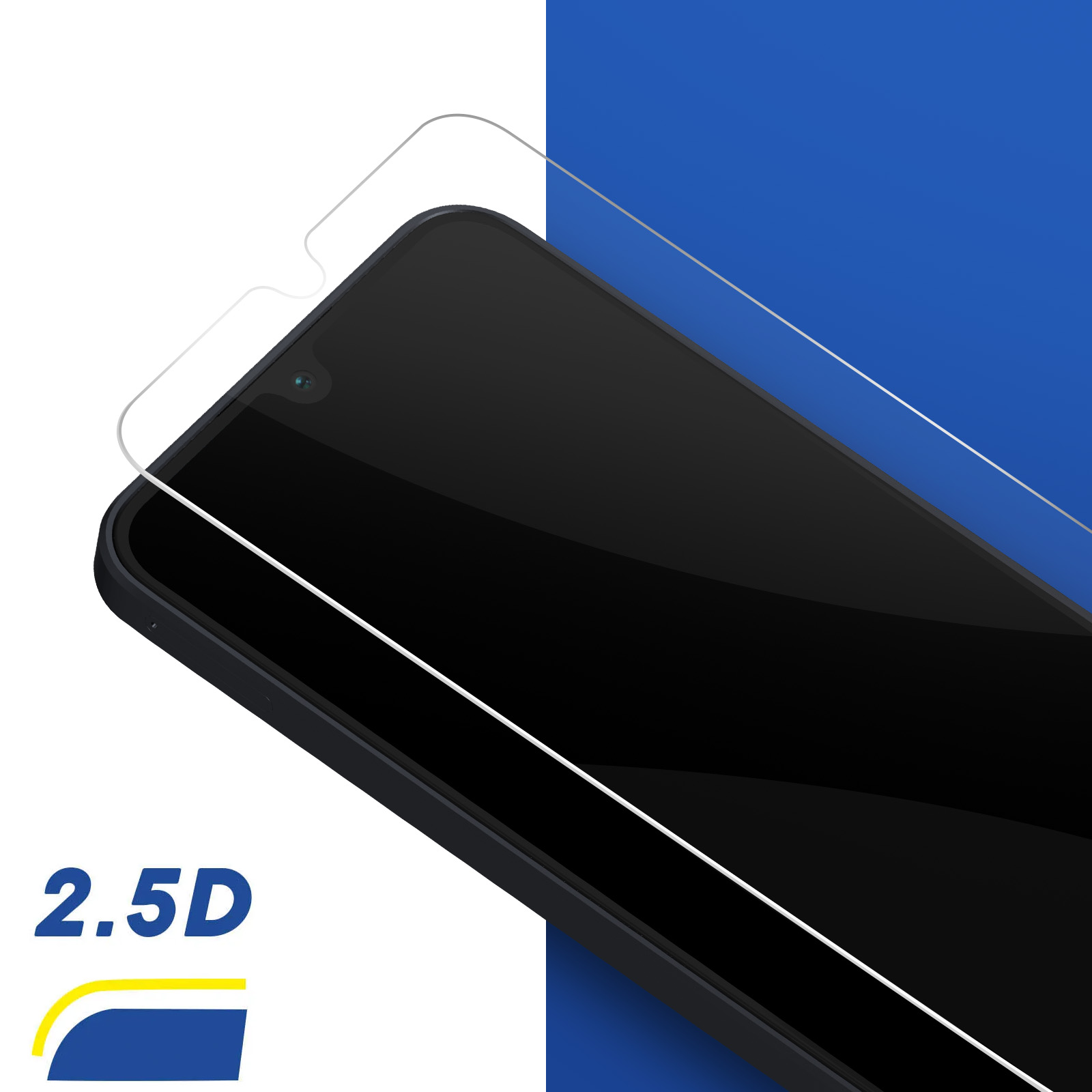 Telefon z ochraniaczem ekranu. Czarny telefon na niebiesko-białym tle.