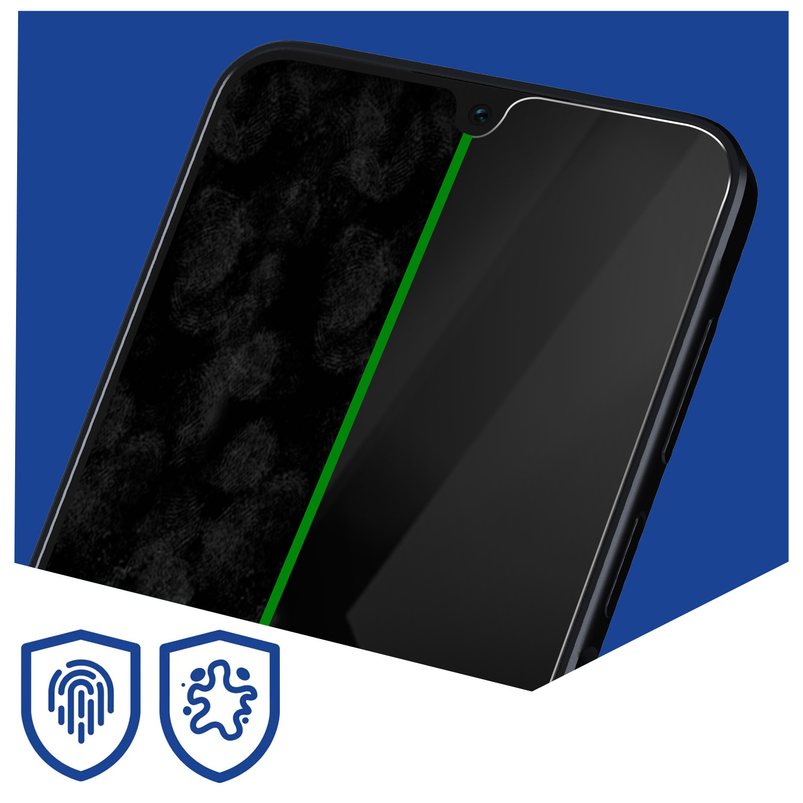 Ochraniacz ekranu. Odbitki palców po lewej. Zielona linia. Niebieskie tło. Ikony ochrony.