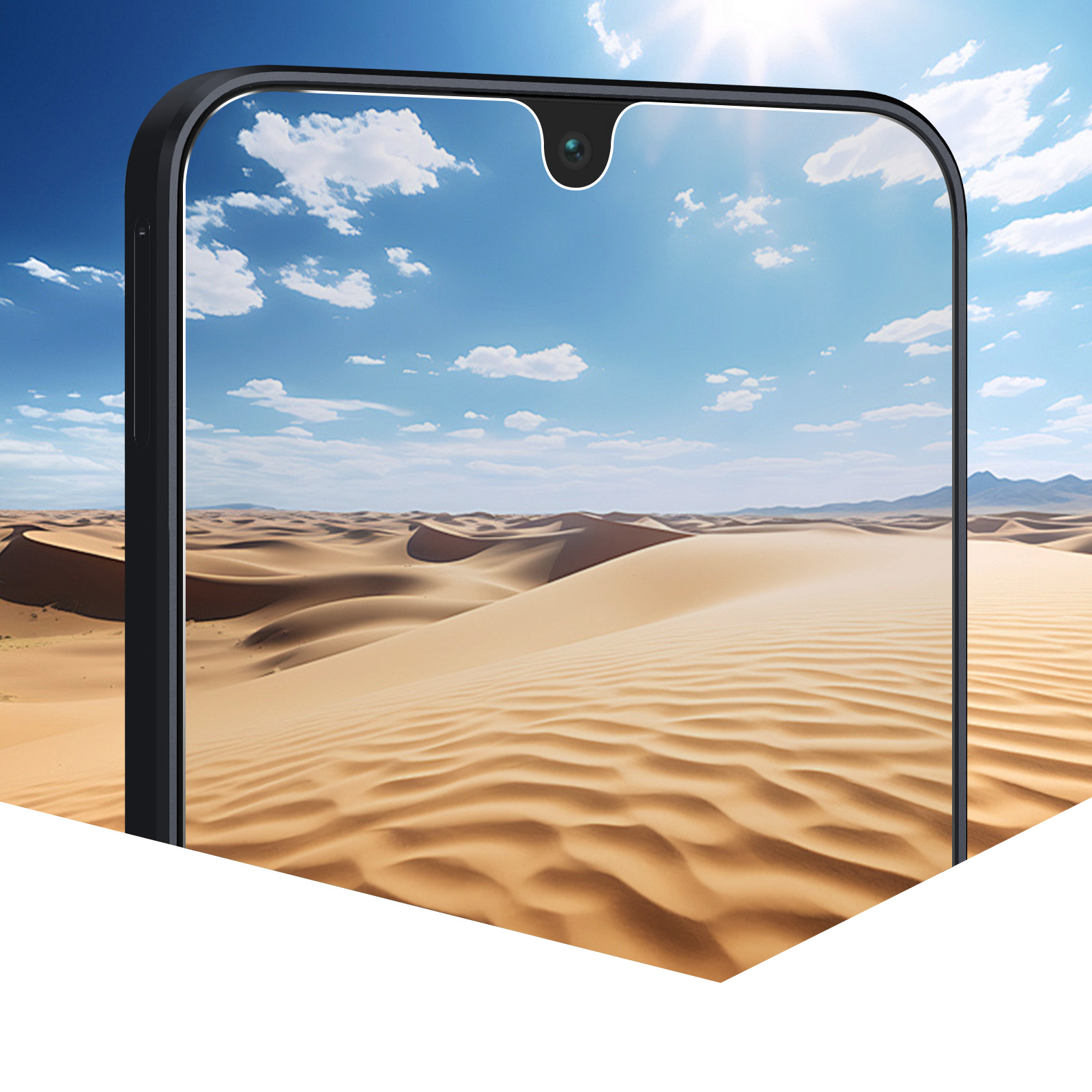 Telefon z pustynnym tłem. Słońce na niebie. Biały przód.