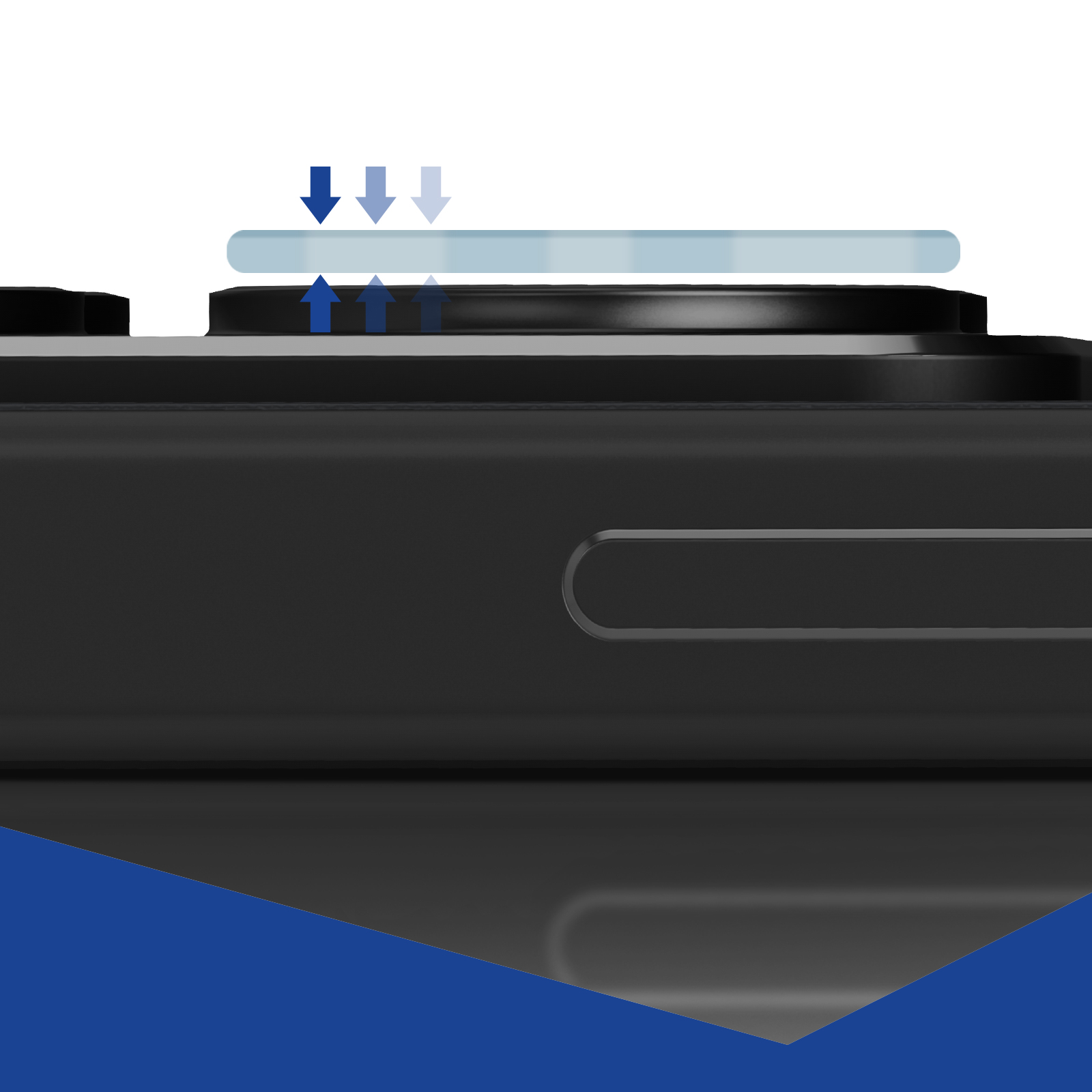 Ochrona obiektywu aparatu telefonu ze strzałkami. Strzałki pokazują umieszczanie ochraniacza na obiektywie.