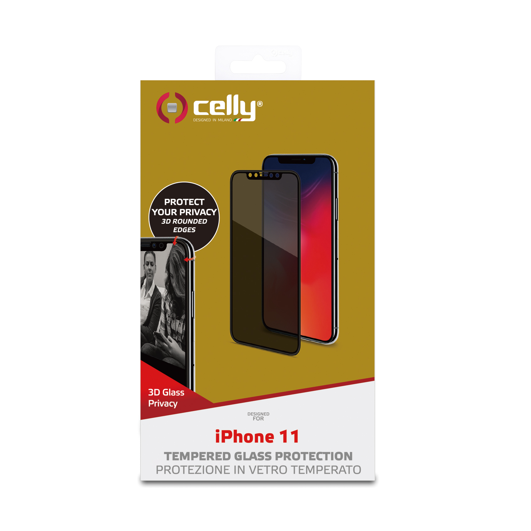 Scatola iPhone 11. Immagine telefono nero e rosso. Testo include protezione in vetro temperato.