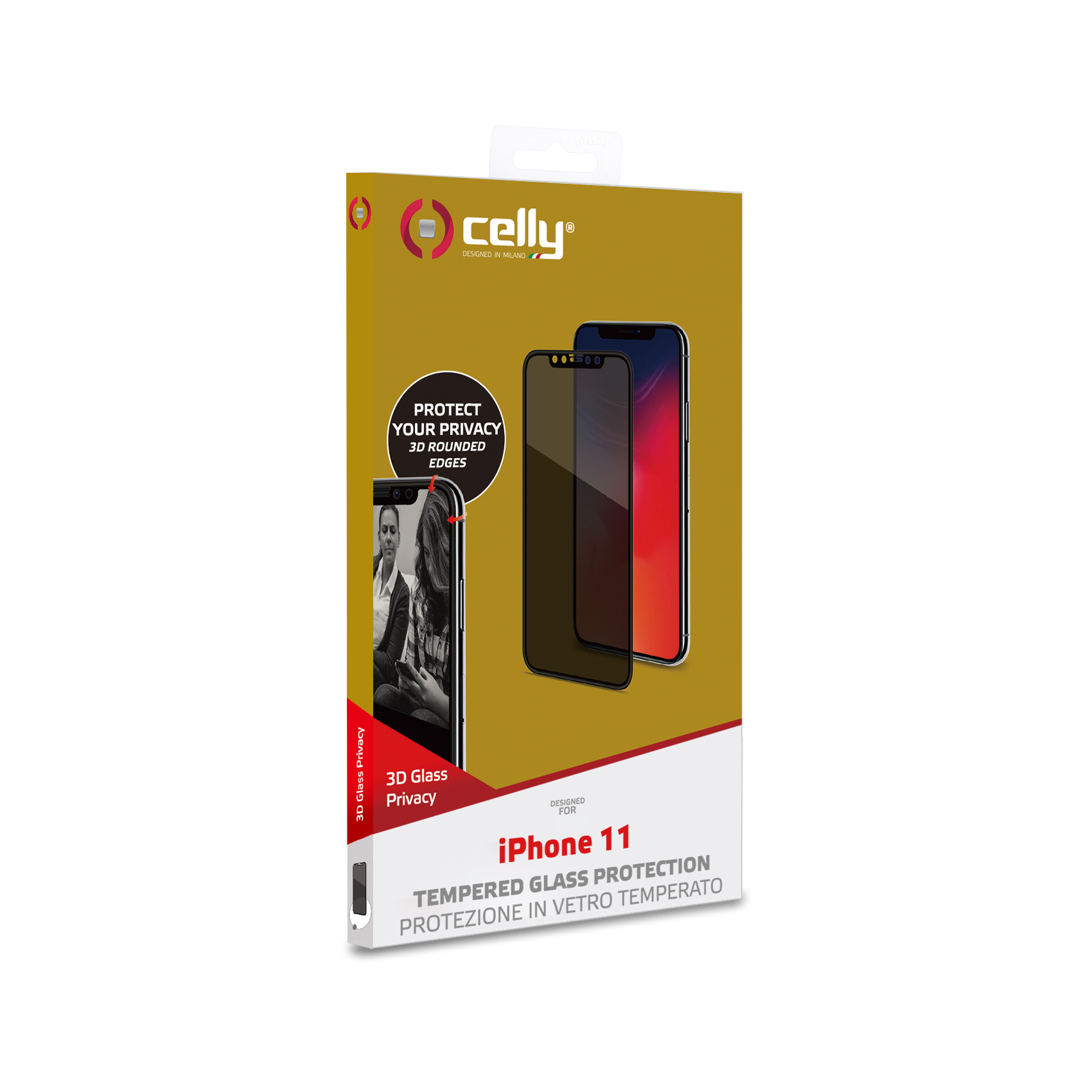 Scatola iPhone 11. Telefono con protezione schermo, privacy scura. Sfondo bianco.