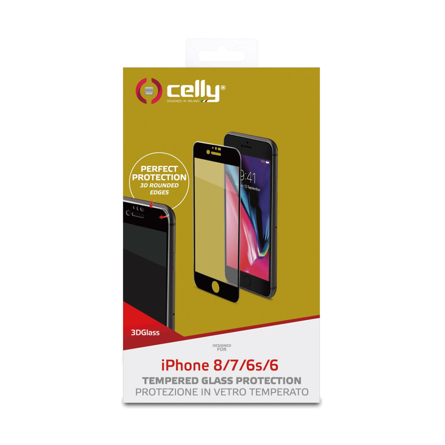 Confezione per protezione schermo iPhone. Include immagini telefono e testo prodotto.
