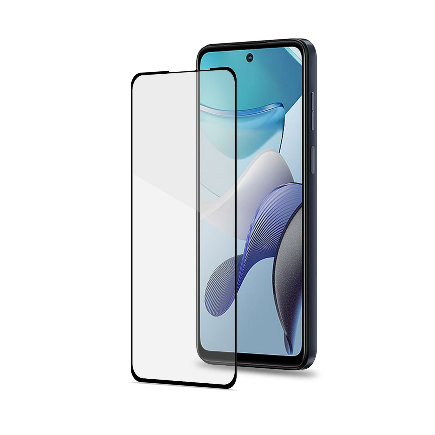 Uno smartphone con protezione per lo schermo, che mostra un design blu e bianco sullo schermo.