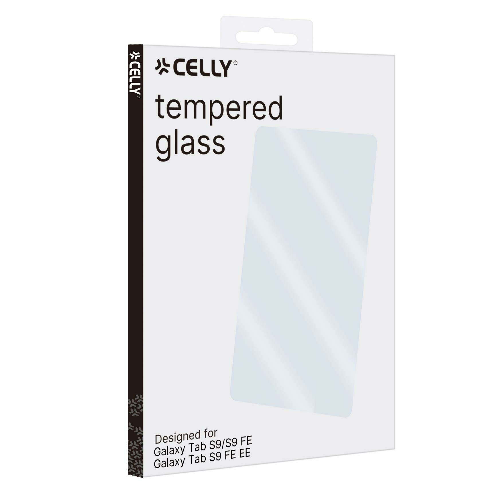 Scatola bianca con 'CELLY' e 'tempered glass'. Contiene una protezione schermo per tablet.