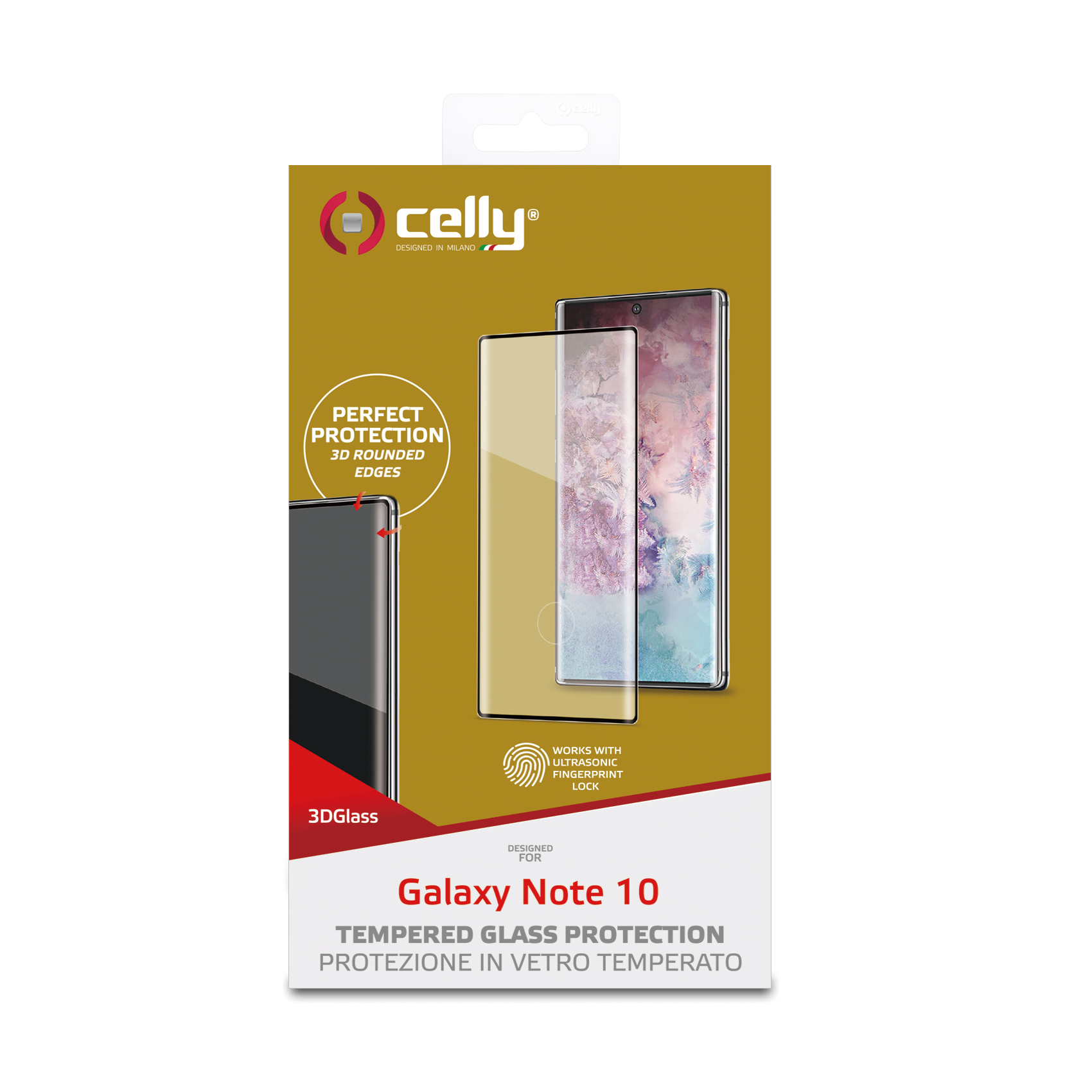 Protector de pantalla de cristal templado Celly Galaxy Note 10. Fondo blanco.