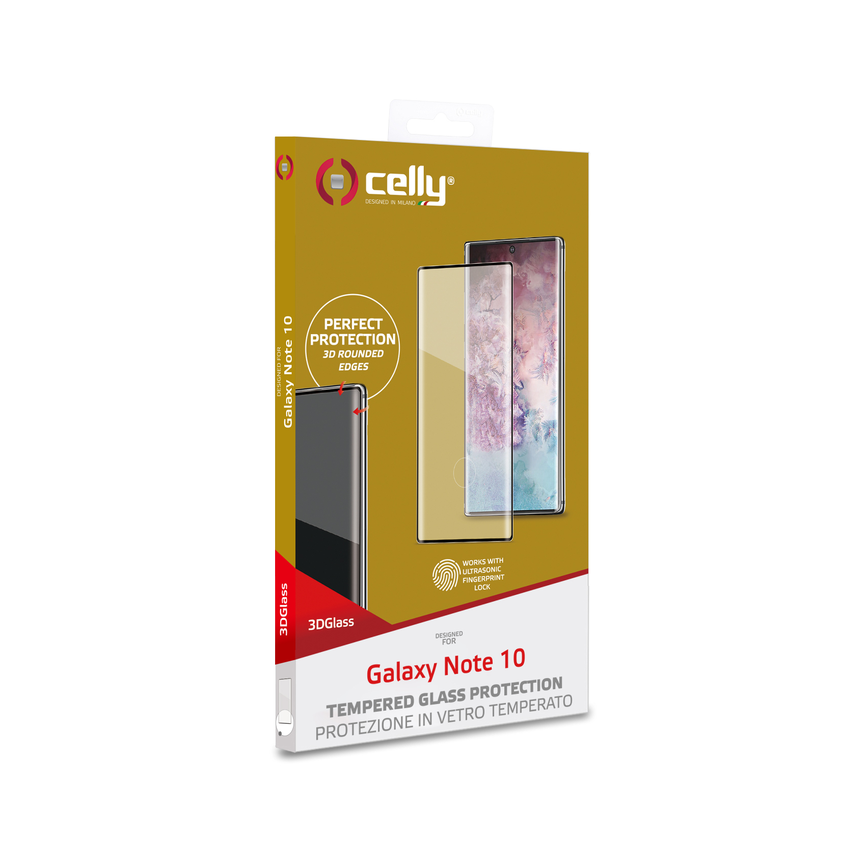 Una caja de protector de pantalla de teléfono con una imagen de teléfono y texto. La marca es 'celly'.
